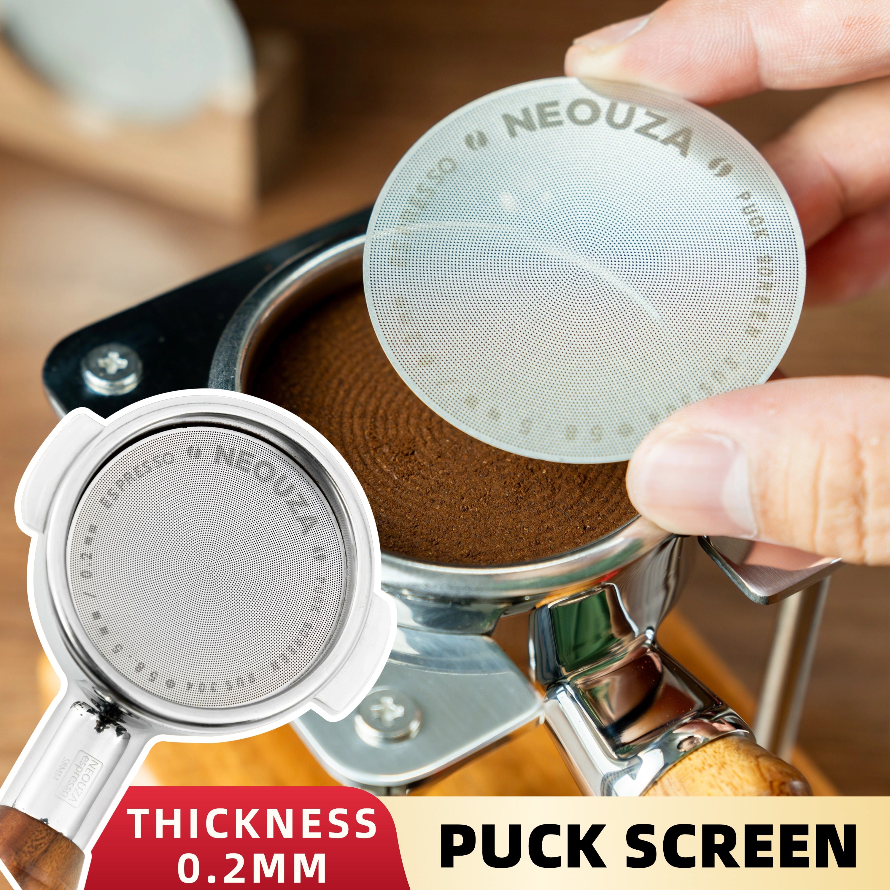 NEOUZA 51/53/58mm Espresso Puck Screen, 0.2mm Ultra Thin Coffee Filter, 304 Stainless Steel Reusable Mesh for Portafilter Basket, No Coffee Dose Reduction