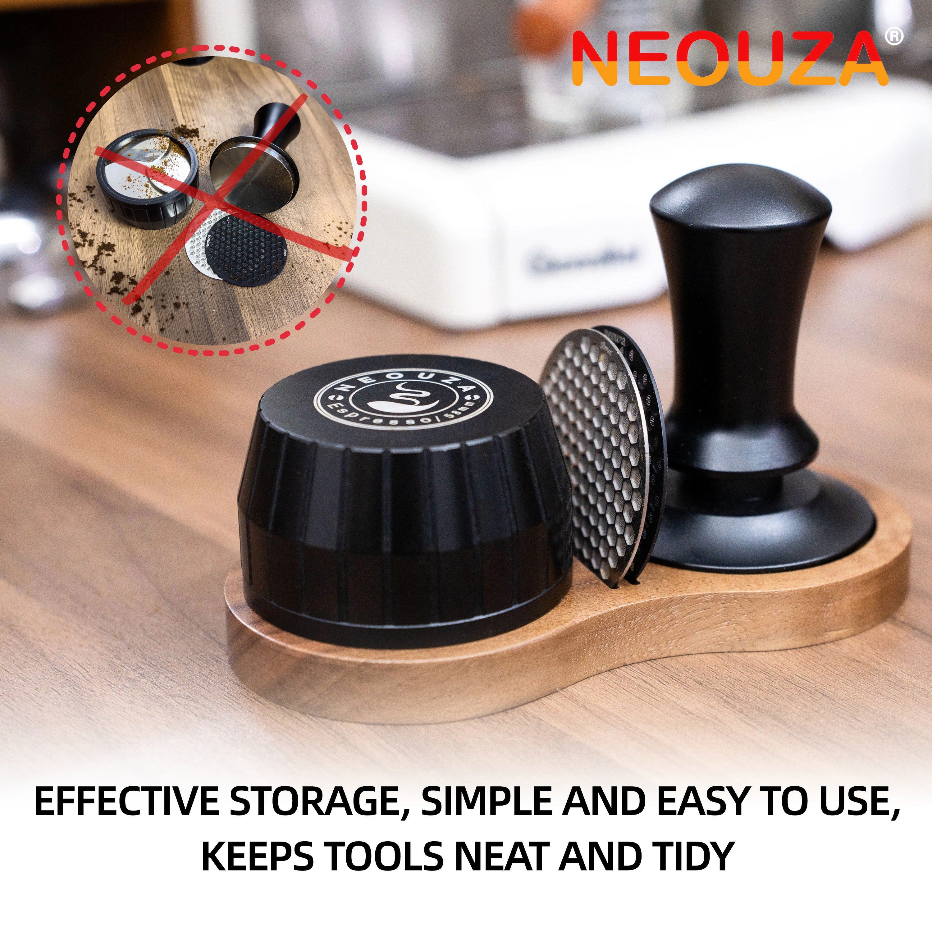 NEOUZA Coffee Tamper Stand with Tamper Mat, Distribution Tool, and Puck Screen Organizer, Walnut Wood,51mm 53mm 58mm Universal