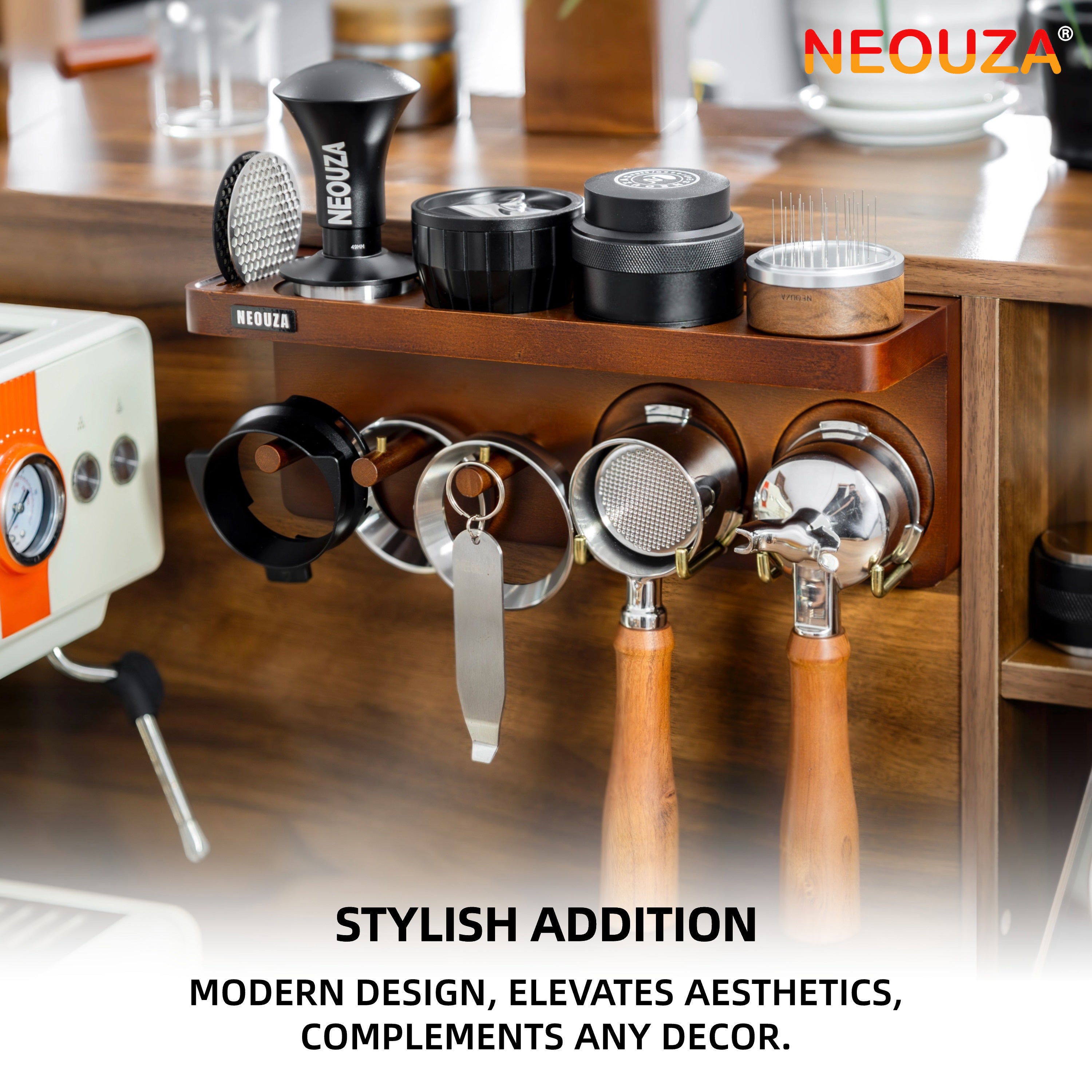 NEOUZA Espresso Accessories Holder Station Wall Mounted Organizer for 51/53/58mm Coffee Tamper Distributor Portafilter Storage Shelf for Bar Home Office