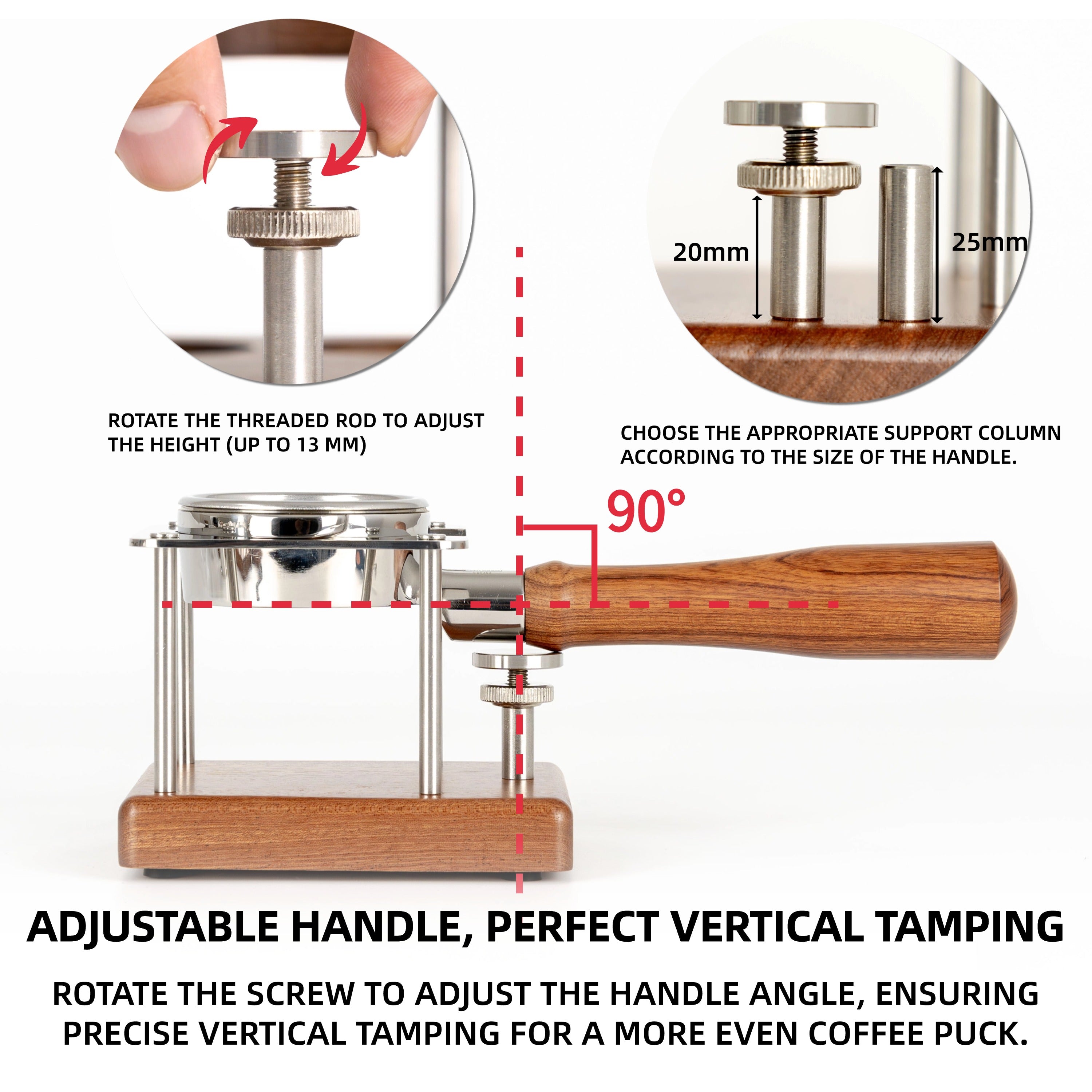 NEOUZA Coffee Tamping Station, 51/54/58mm Portafilter Stand Holder, Fits Most Espresso Machine，Adjustable Height, Sapele Mahogany, Stainless Steel