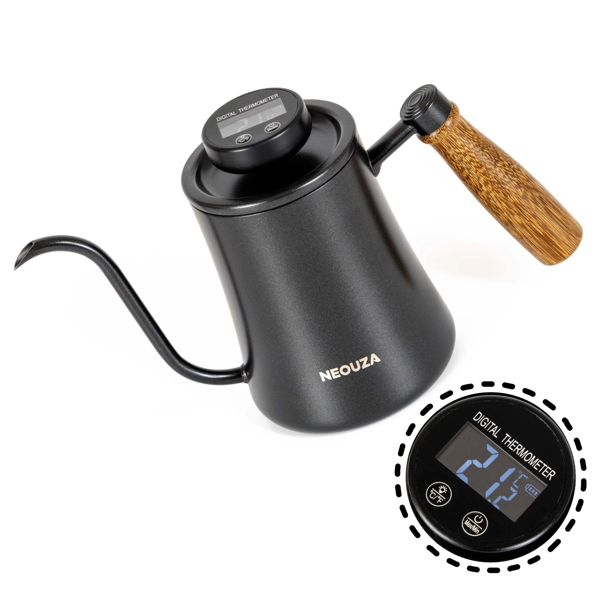NEOUZA 600ml Gooseneck Kettle with Thermometer, 304 Stainless Steel Stovetop Safe Kettle for Pour Over Coffee and Tea, Precision Spout & Wooden Handle - NEOUZA Official Website
