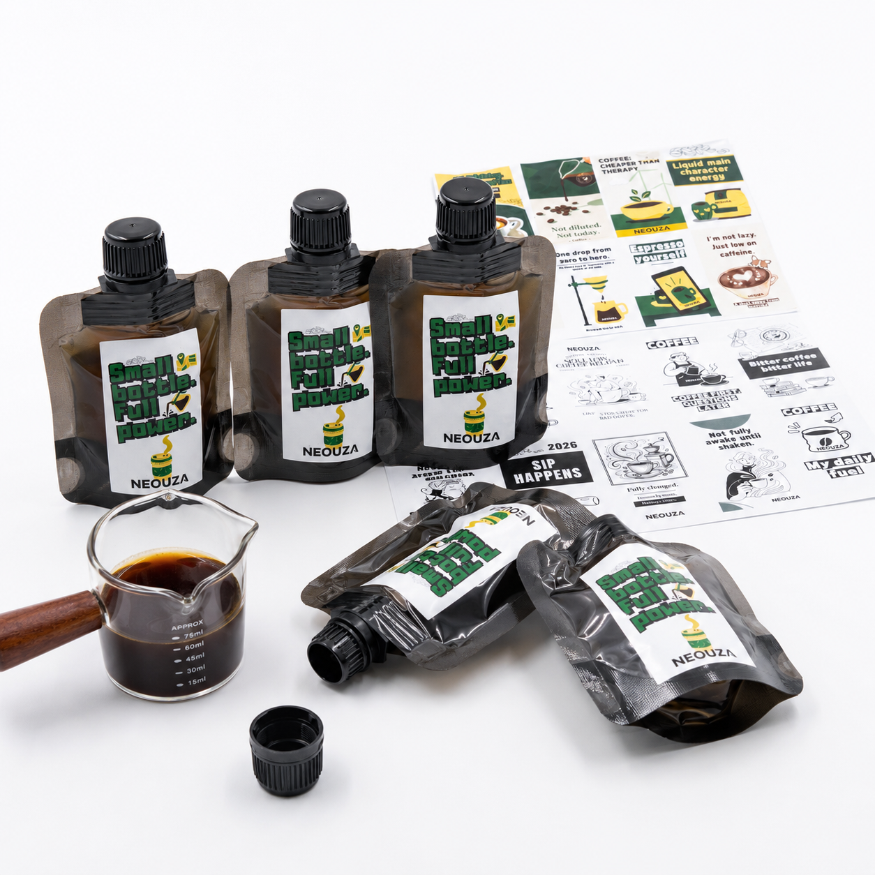 NEOUZA 30PCS Coffee Concentrate Pouches with Caps and Stickers