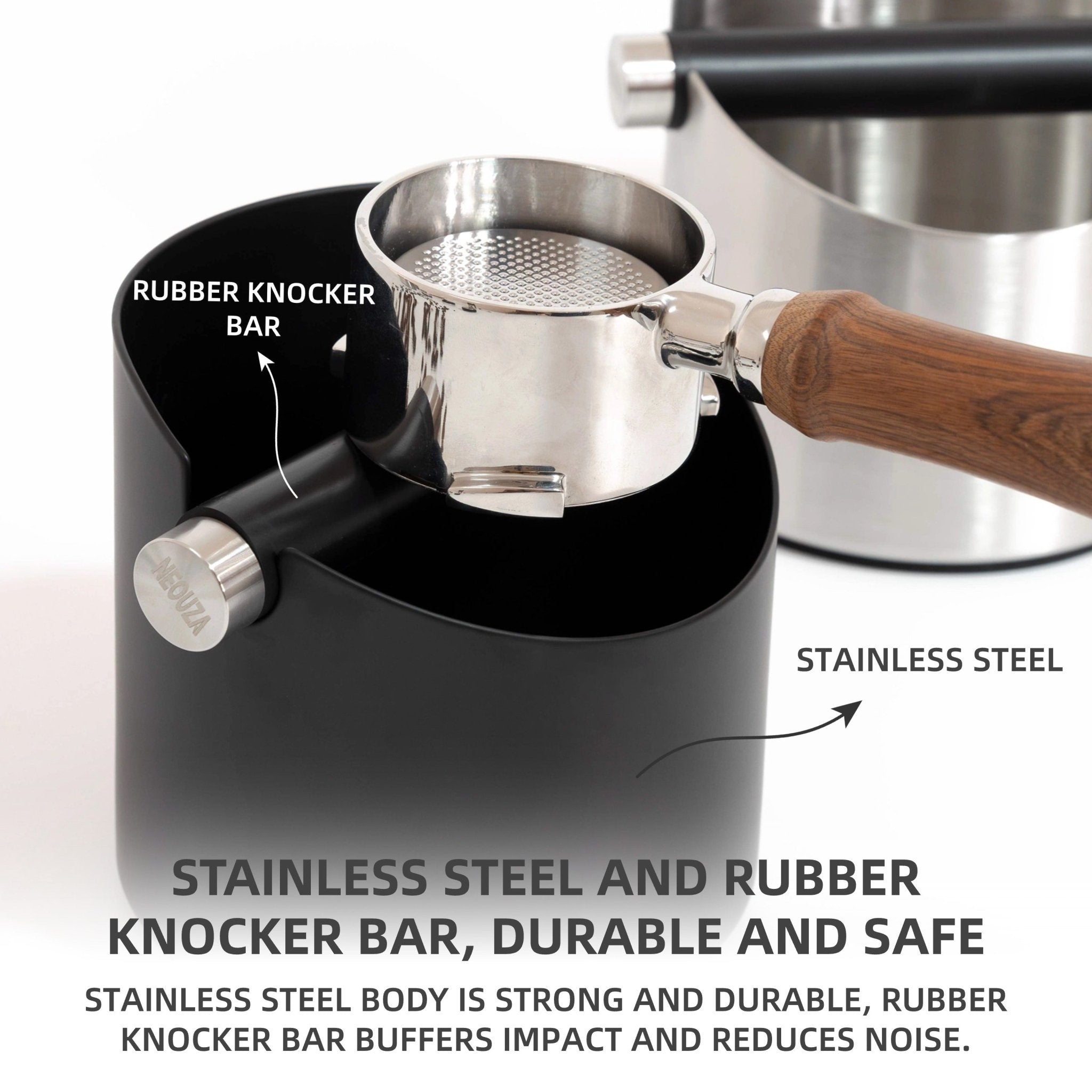 NEOUZA Heavy Duty Stainless Steel Knock Box, Large Capacity Coffee Grounds Dump Bin, Barista Grade, Shock-Absorbent with Removable Bar - NEOUZA Official Website