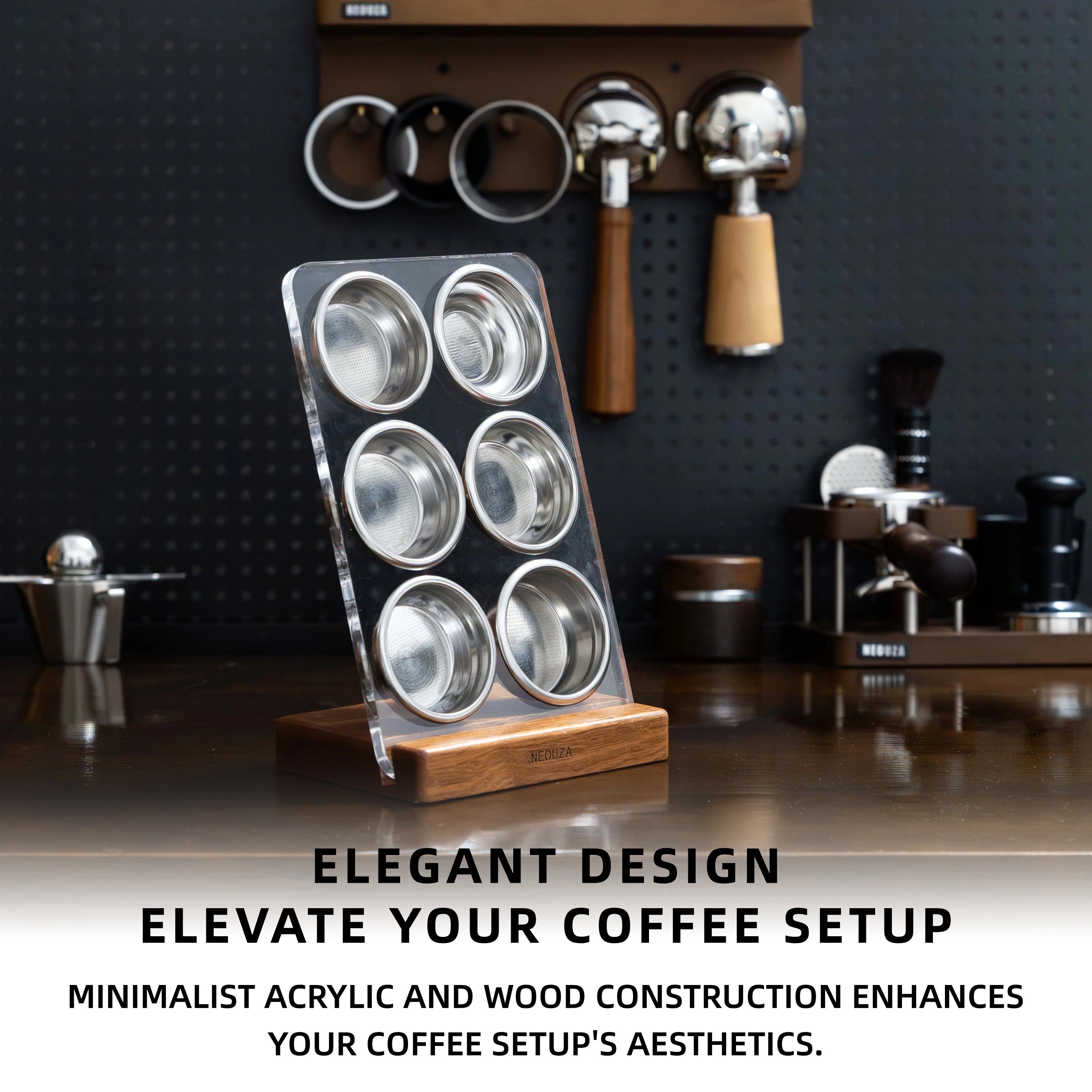 NEOUZA Espresso Filter Basket Stand 51/53/54/58mm Portafilter Basket Holder Rack, Wooden Acrylic, Sieve Basket Storage for Coffee Machine