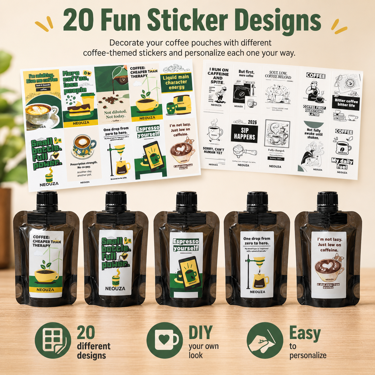 NEOUZA 30PCS Coffee Concentrate Pouches with Caps and Stickers