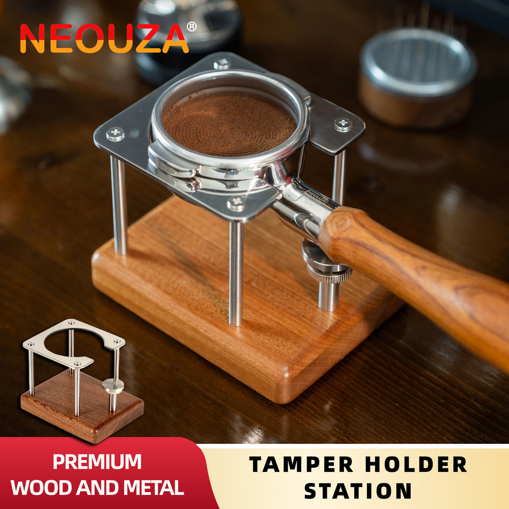 NEOUZA Coffee Tamping Station, 51/54/58mm Portafilter Stand Holder, Fits Most Espresso Machine，Adjustable Height, Sapele Mahogany, Stainless Steel