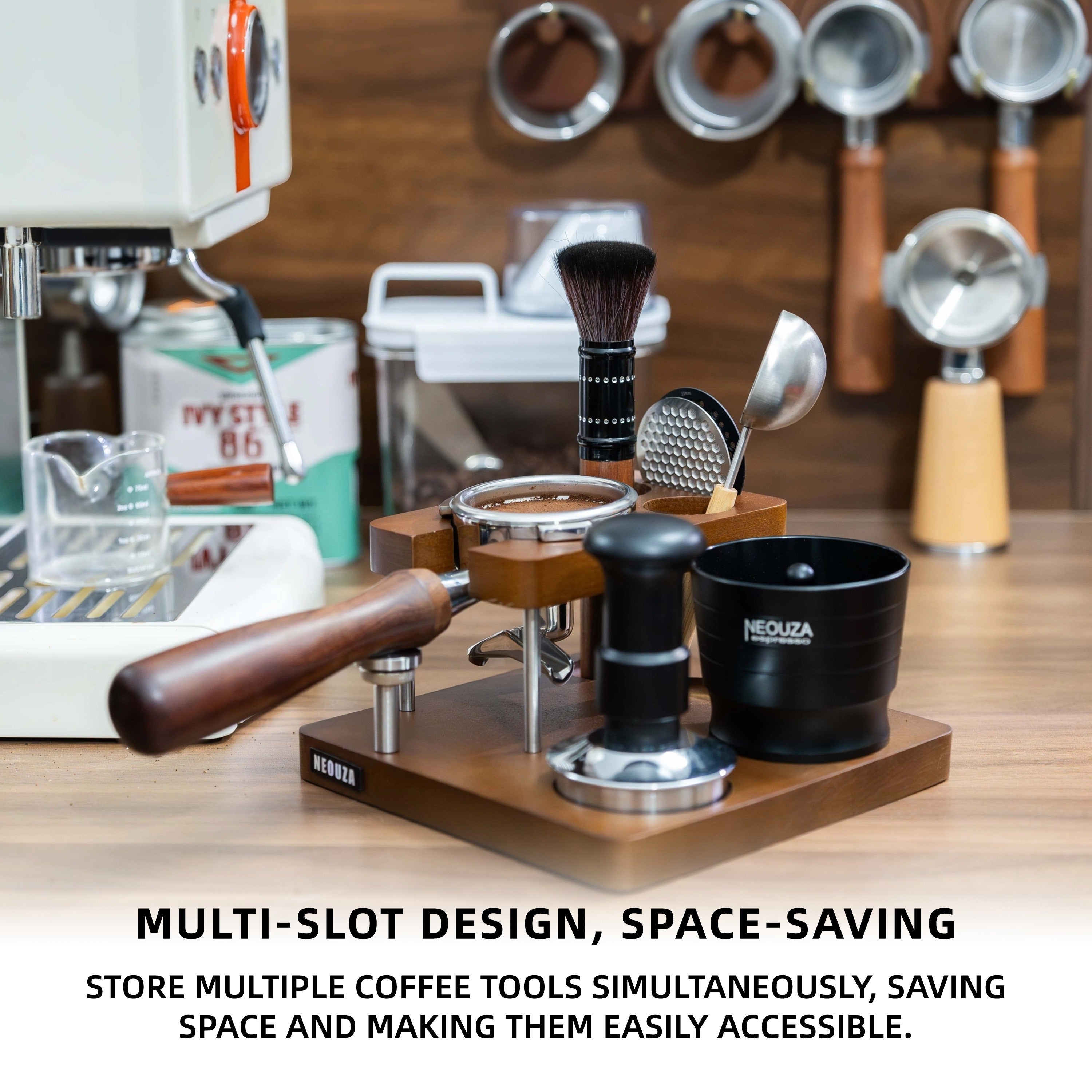 NEOUZA Espresso Filter Basket Stand 51/53/54/58mm Portafilter Basket Holder Rack, Wooden Acrylic, Sieve Basket Storage for Coffee Machine