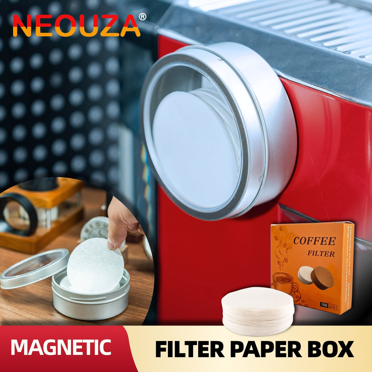 NEOUZA 100pcs Paper Filters with Magnetic Coffee Filter Holder Container for Espresso Puck Screen & Paper Filters, Wall-Mounted for Compact Kitchen Storage - NEOUZA Official Website