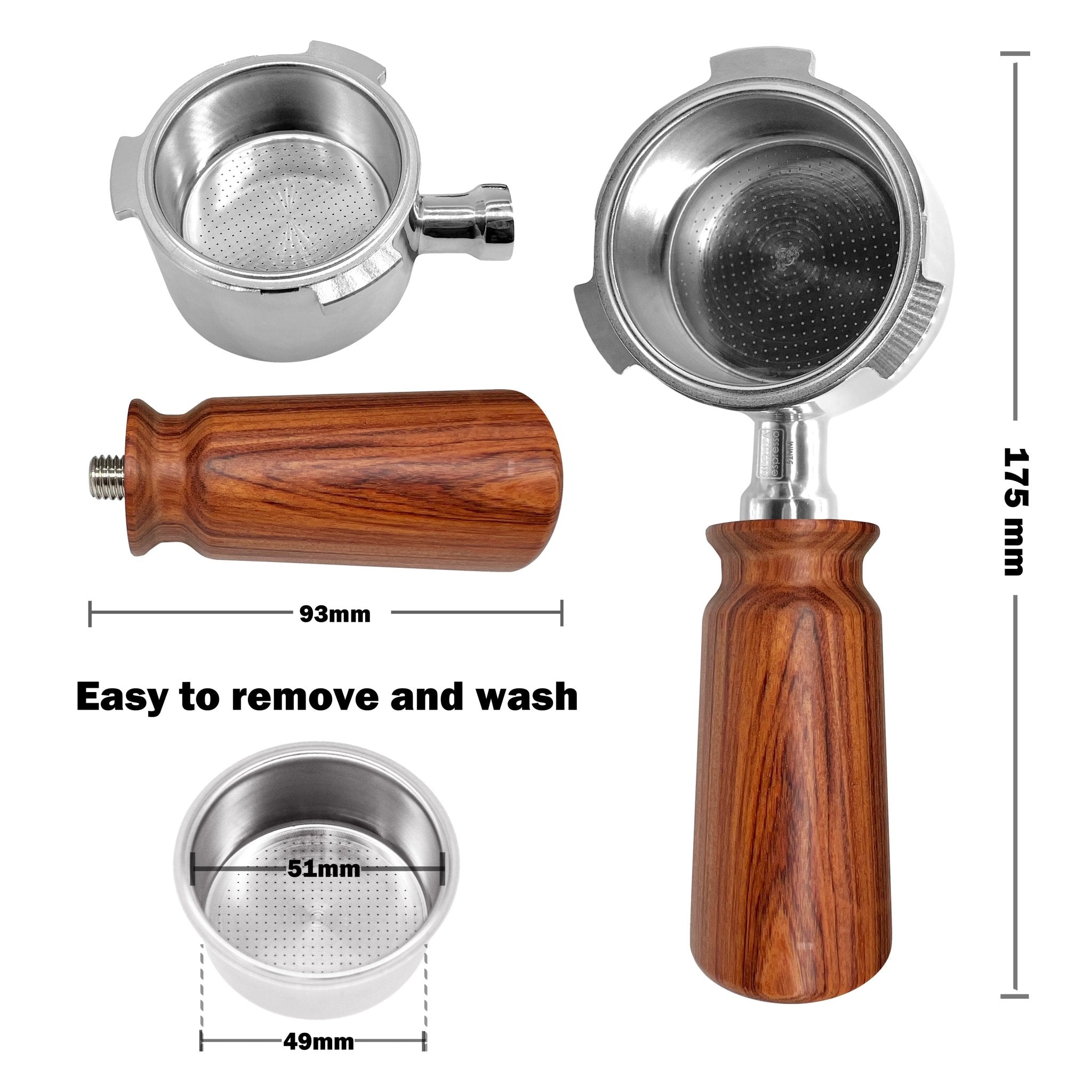 51mm Espresso Short Wooden Handle Portafilter - Compatible with De'Longhi Dedica, EC680, EC685, EC695, EC785, EC820, EC850, EC860 & Oster Nova PrimaLatte Coffee Machines - NEOUZA Official Website