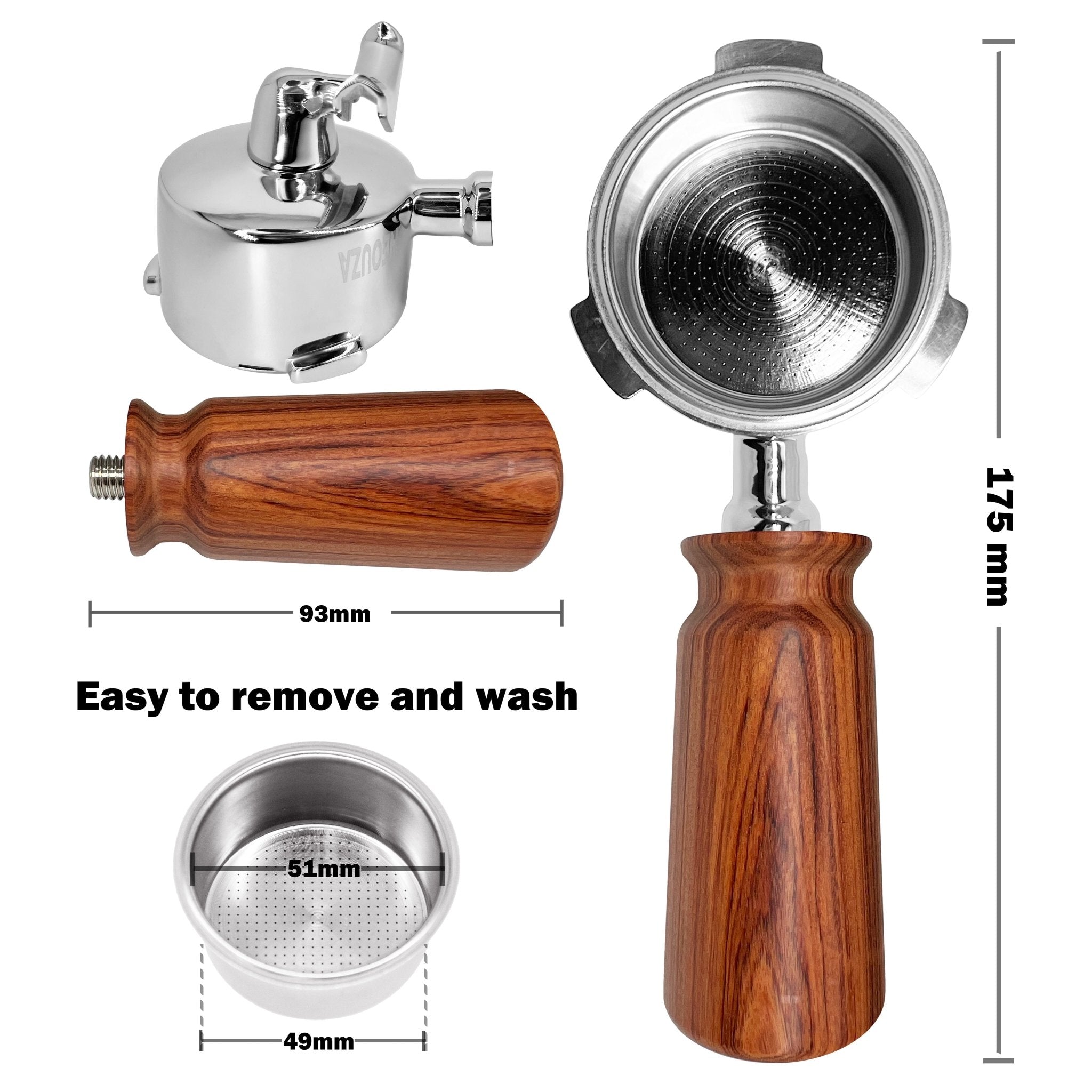 51mm Espresso Short Wooden Handle Portafilter - Compatible with De'Longhi Dedica, EC680, EC685, EC695, EC785, EC820, EC850, EC860 & Oster Nova PrimaLatte Coffee Machines - NEOUZA Official Website
