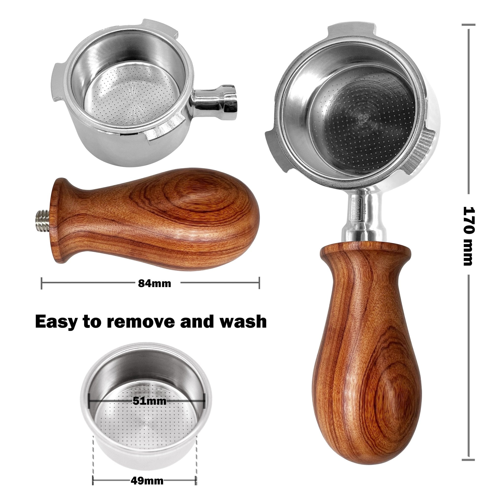 51mm Espresso Short Wooden Handle Portafilter - Compatible with De'Longhi Dedica, EC680, EC685, EC695, EC785, EC820, EC850, EC860 & Oster Nova PrimaLatte Coffee Machines - NEOUZA Official Website