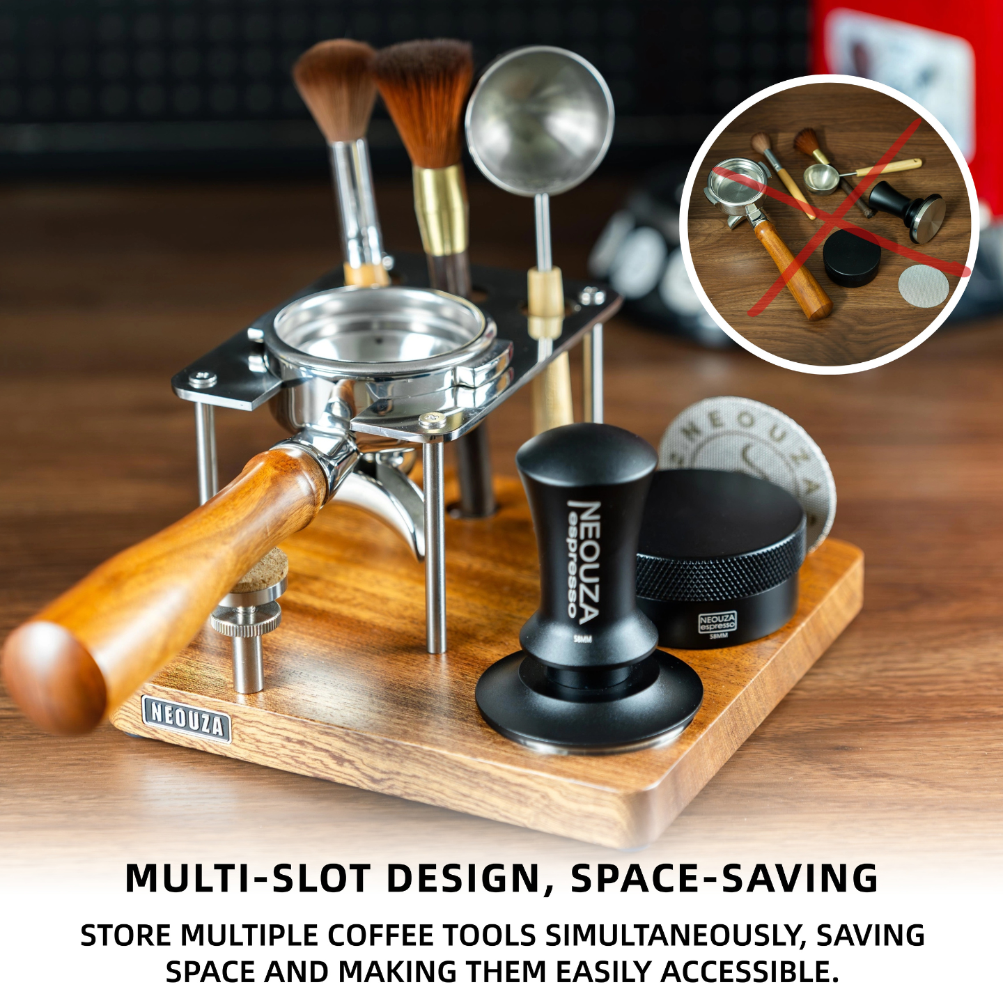 NEOUZA espresso tamper stand and distributor storage station, suitable for 51/53/58mm tampers and distributors, metal storage stand, handle holder, tamping mat