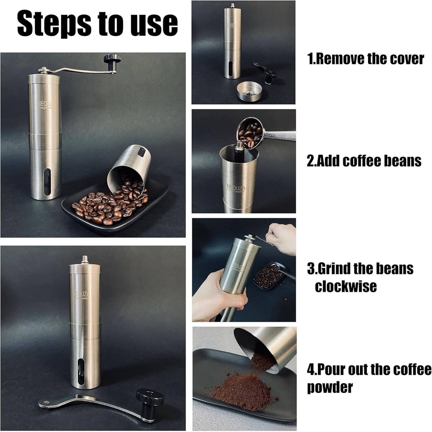 NEOUZA Pour Over Kaffeebereiter-Set, manueller Bohnenmahlwerk, Schwanenhals-Kessel, Kaffeefilter, Edelstahl