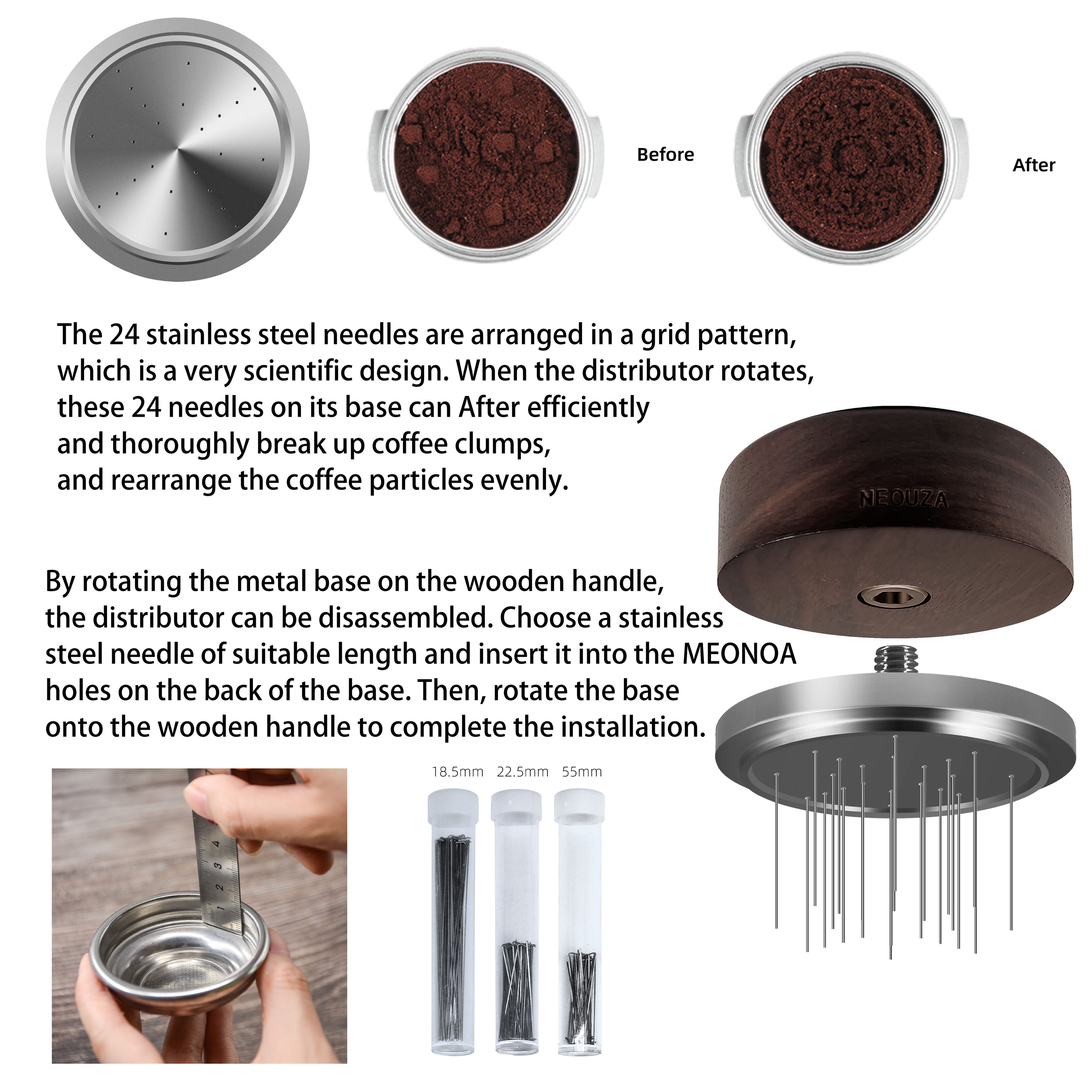 NEOUZA Palm WDT Tool Spinning Espresso Stirrer with Cover,24 Pins, 3 Length Trimmable, Distribution Leveler Accessories for Coffee Machine Portafilters (51/53/58)