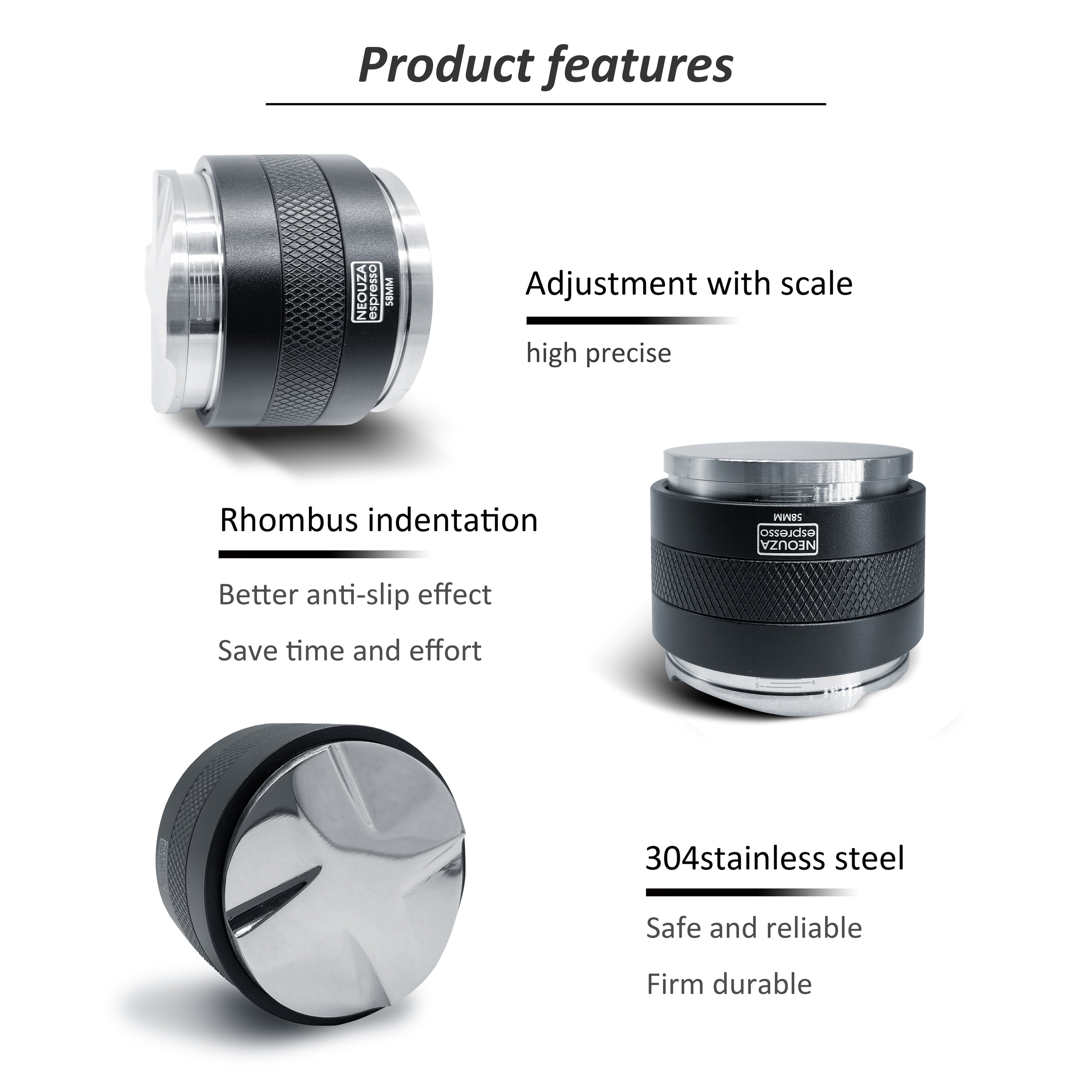 NEOUZA 51mm/53mm/58mm Laser-Calibration Coffee Distributor & Tamper, Dual-Head Espresso Leveler with Adjustable Depth, Fits E61 Group Portafilter