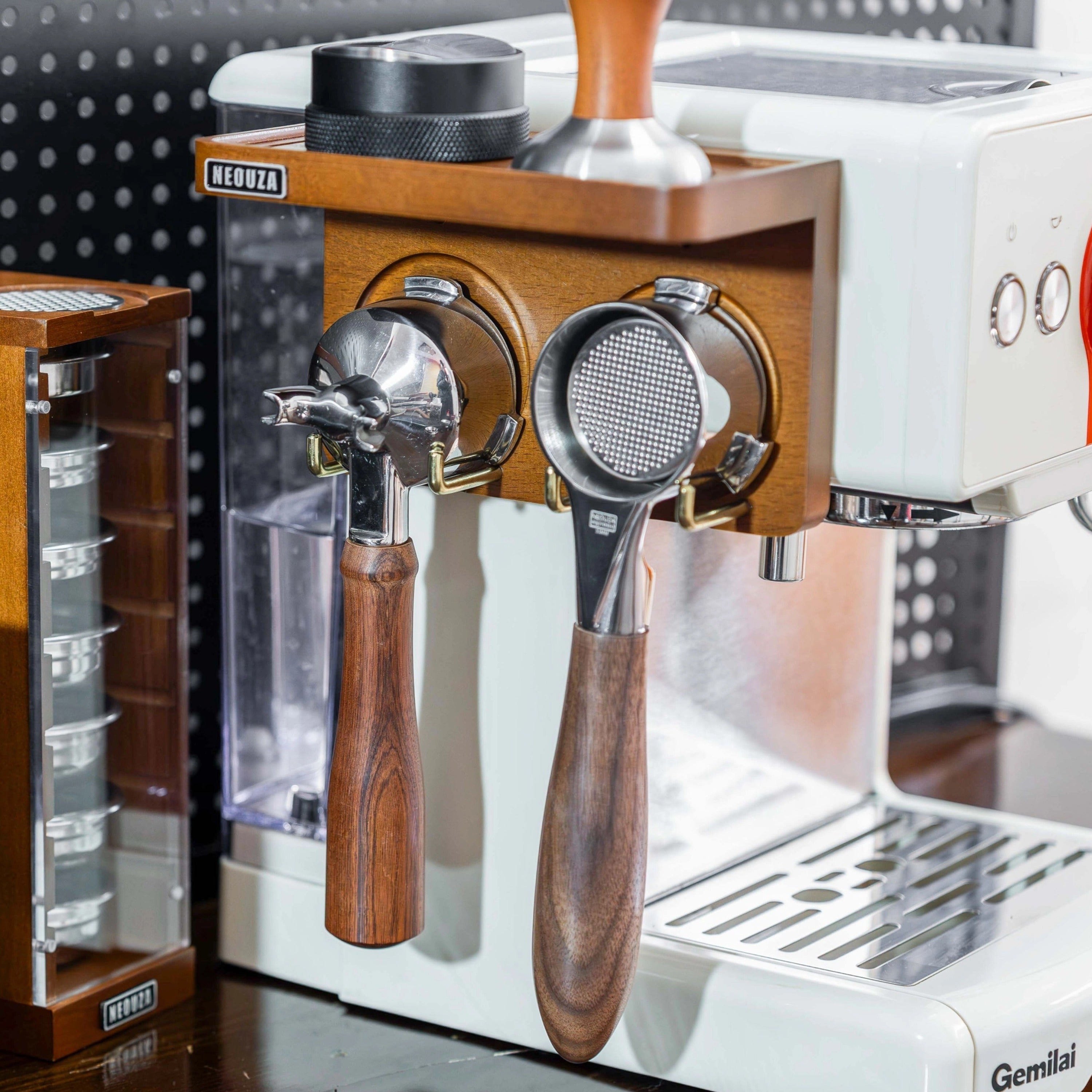 NEOUZA Mini Espresso Accessories Holder Station Wall Mounted Organizer for 51/53/58mm Coffee Tamper Distributor Portafilter Storage Shelf for Bar Home Office