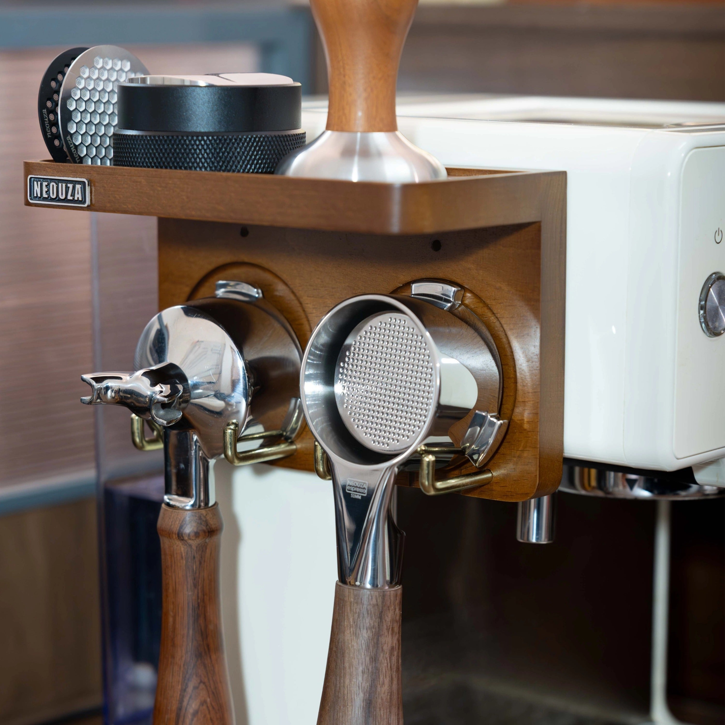 NEOUZA Mini Espresso Accessories Holder Station Wall Mounted Organizer for 51/53/58mm Coffee Tamper Distributor Portafilter Storage Shelf for Bar Home Office