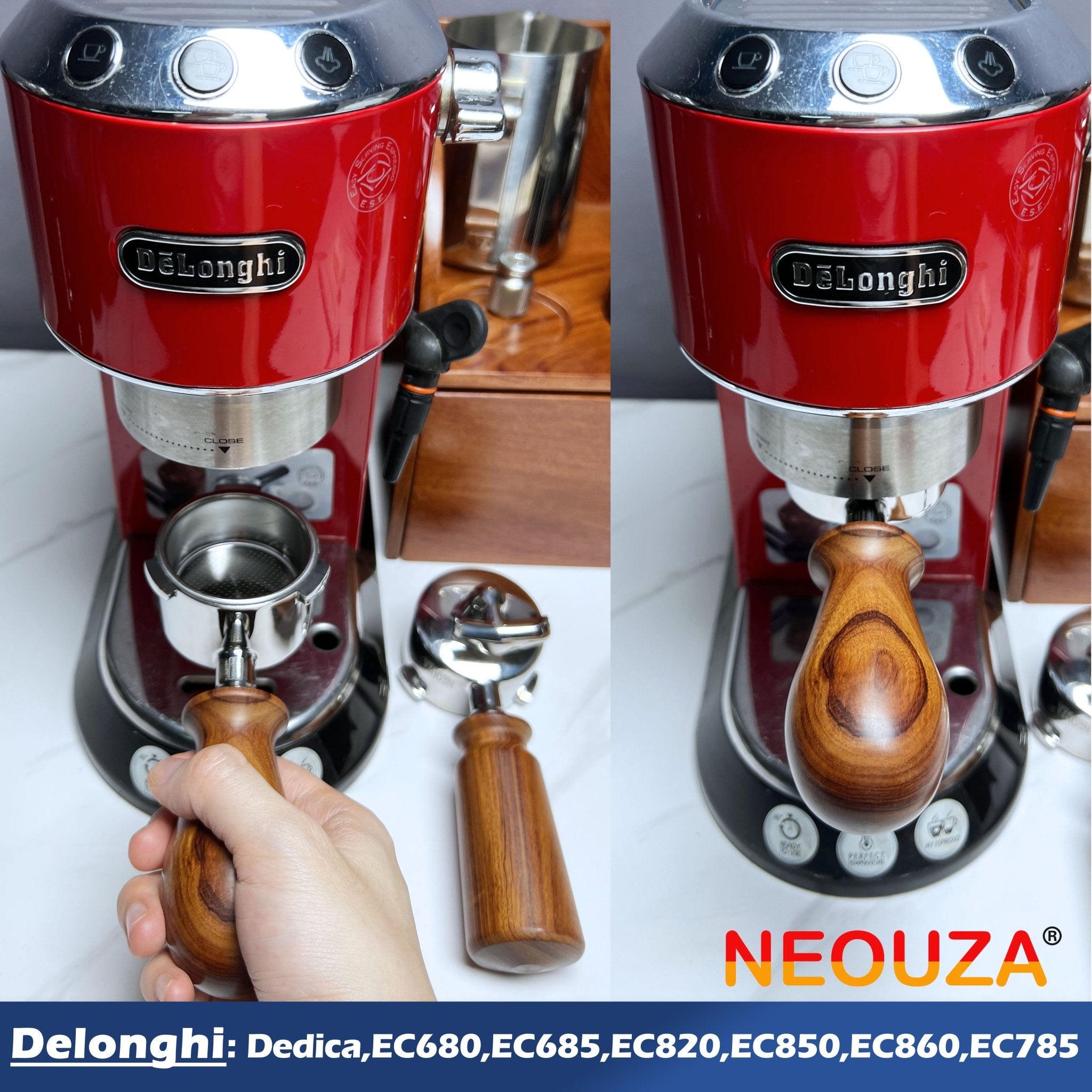 51mm Espresso Short Wooden Handle Portafilter - Compatible with De'Longhi Dedica, EC680, EC685, EC695, EC785, EC820, EC850, EC860 & Oster Nova PrimaLatte Coffee Machines - NEOUZA Official Website