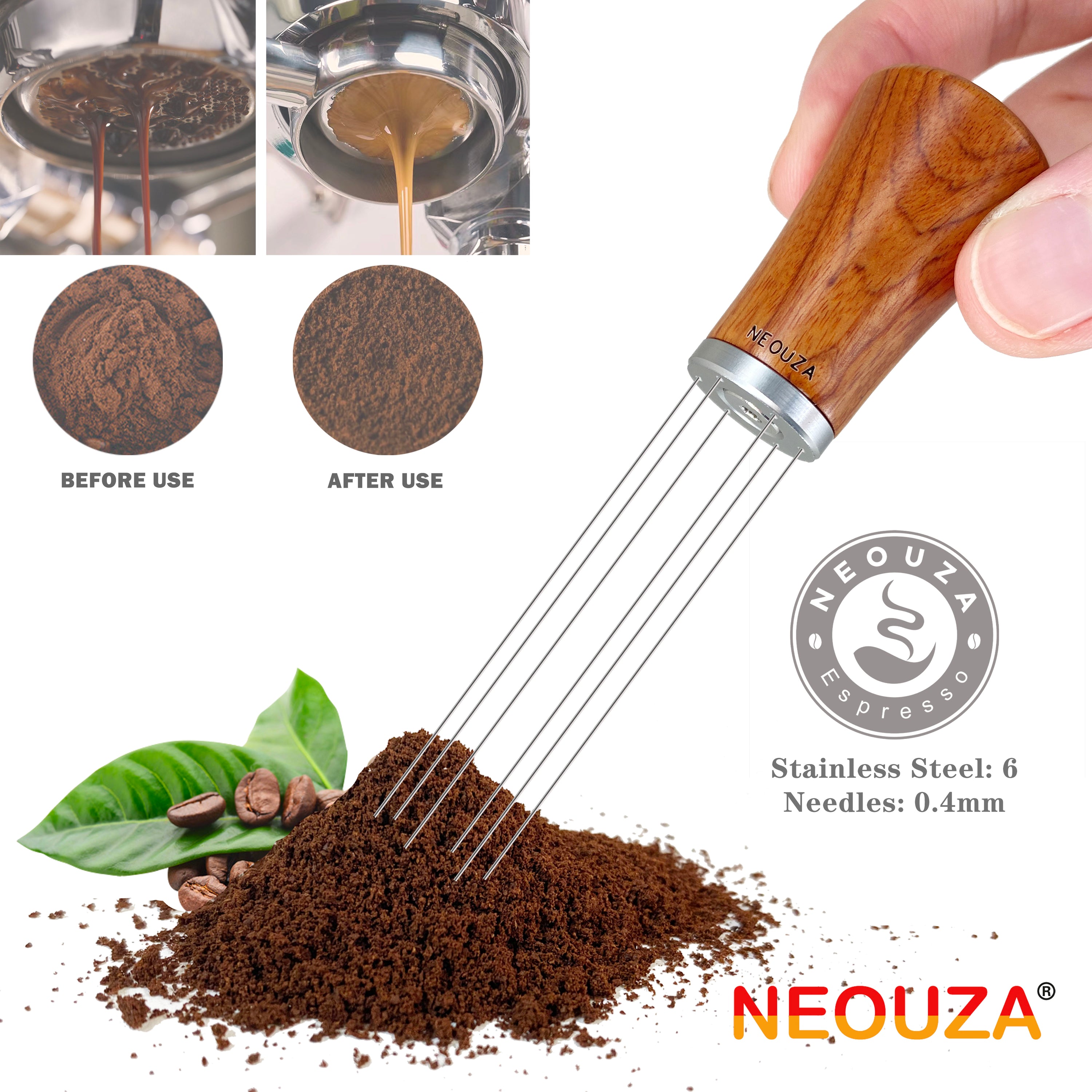 NEOUZA Coffee WDT Distribution Tool Accessories, Wooden Handle, 0.4mm 6 Stainless Needles, Espresso Powder Stirrer