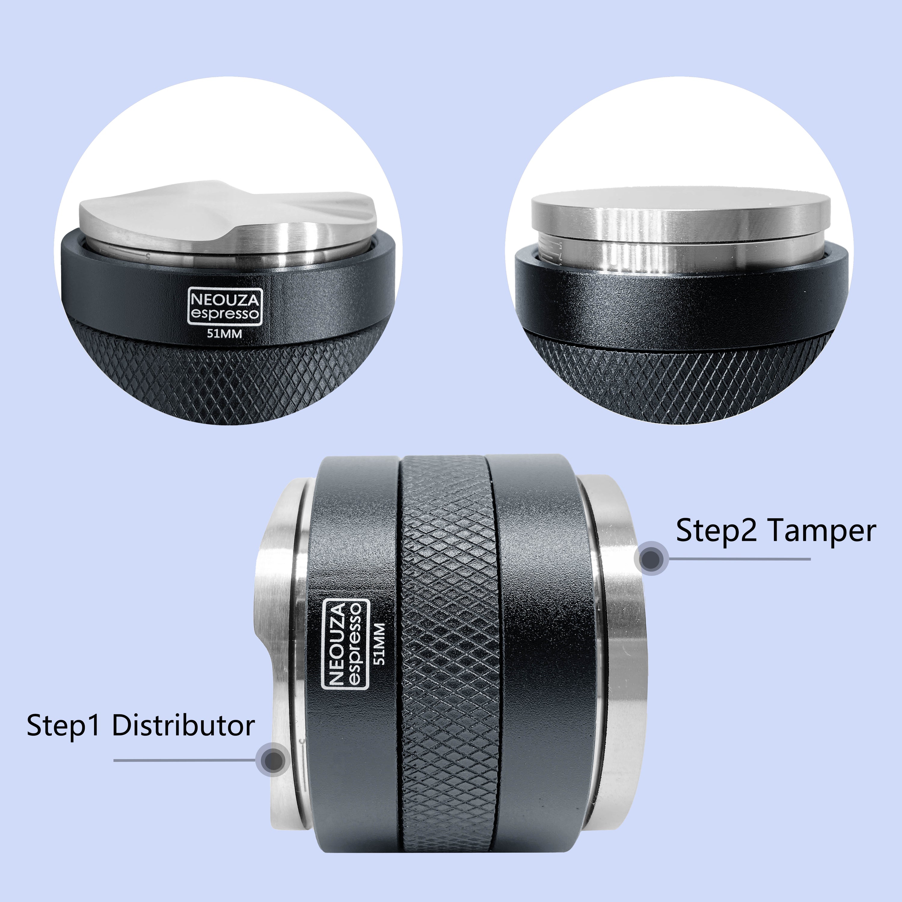 NEOUZA 51mm/53mm/58mm Laser-Calibration Coffee Distributor & Tamper, Dual-Head Espresso Leveler with Adjustable Depth, Fits E61 Group Portafilter
