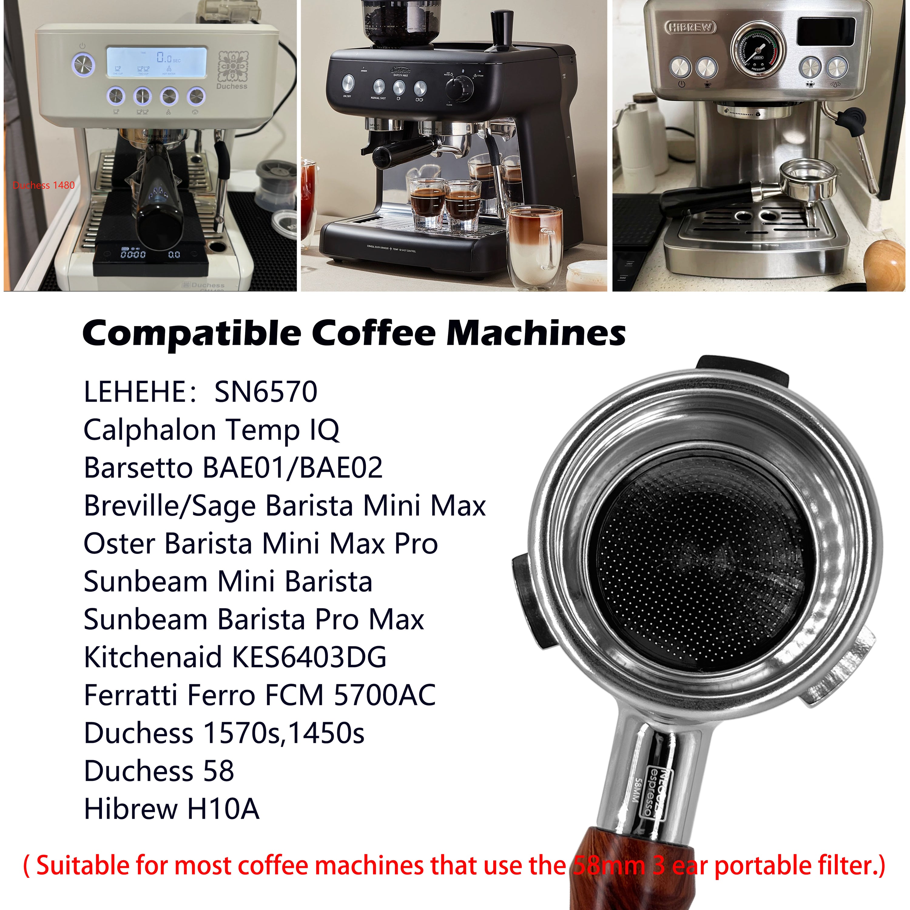 NEOUZA 58mm Bottomless Three Ears Portafilter for Espresso Coffee Machine Compatible with:Barsetto Breville Sage Oster Duchess Sunbeam Barista Mini Max Hibrew H10A ,Stainless Steel