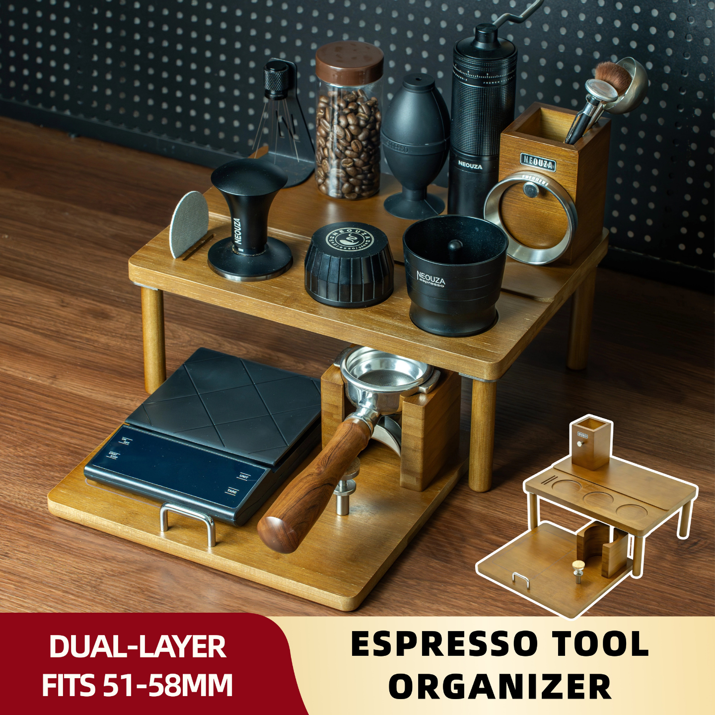 NEOUZA Coffee Double-Layer Tamper Rack Storage Box Multifunctional Solid Wood Adjustable Tamper