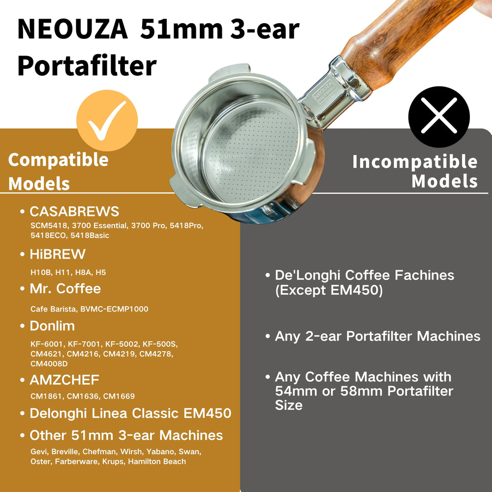 Porte-filtre 51 mm NEOUZA avec deux becs & panier non pressurisé, compatible Donlim, Duchess, Giselle, Gevi & plus, acier inoxydable