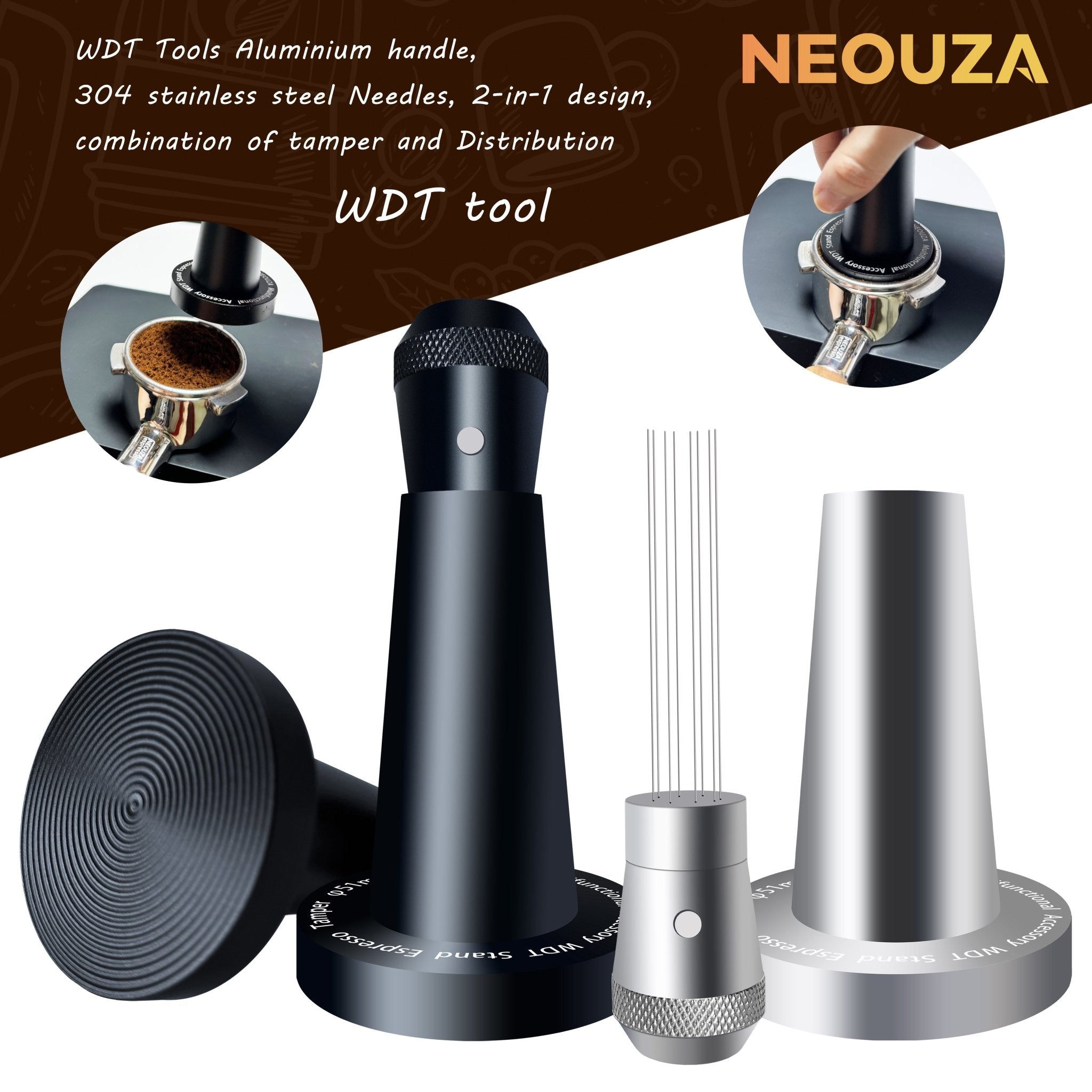 NEOUZA Coffee WDT Tamper Aluminum Multifunctional Espresso Accessories, Built-in Magnet, 0.4mm 8 Stainless Needles, WDT Holder with Ripple Base - NEOUZA Official Website