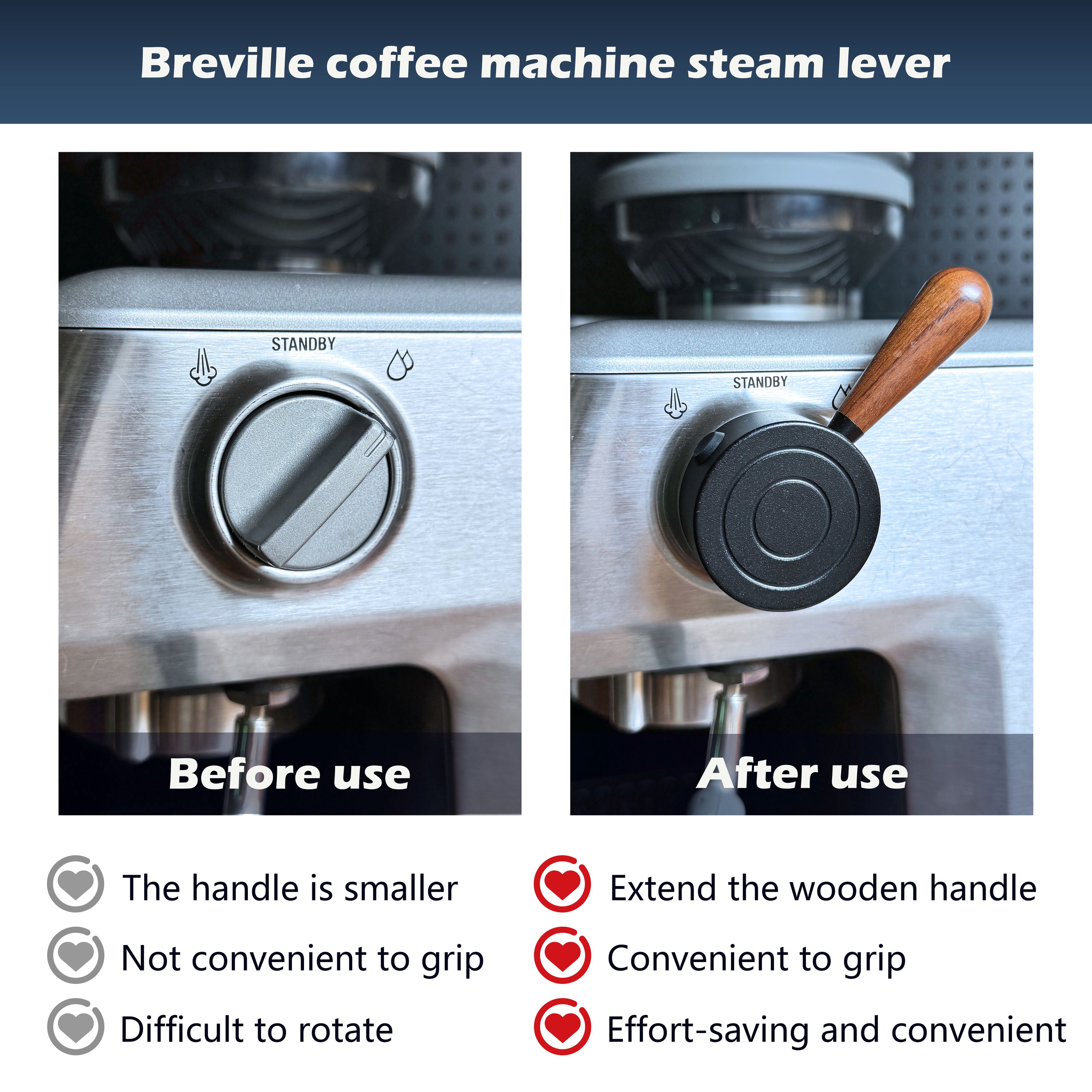 NEOUZA Espresso Machine Upgraded Steam Lever Compatible for Breville Sage Barista Express BES870XL BES875 BES876, Aluminum, Wood Handle