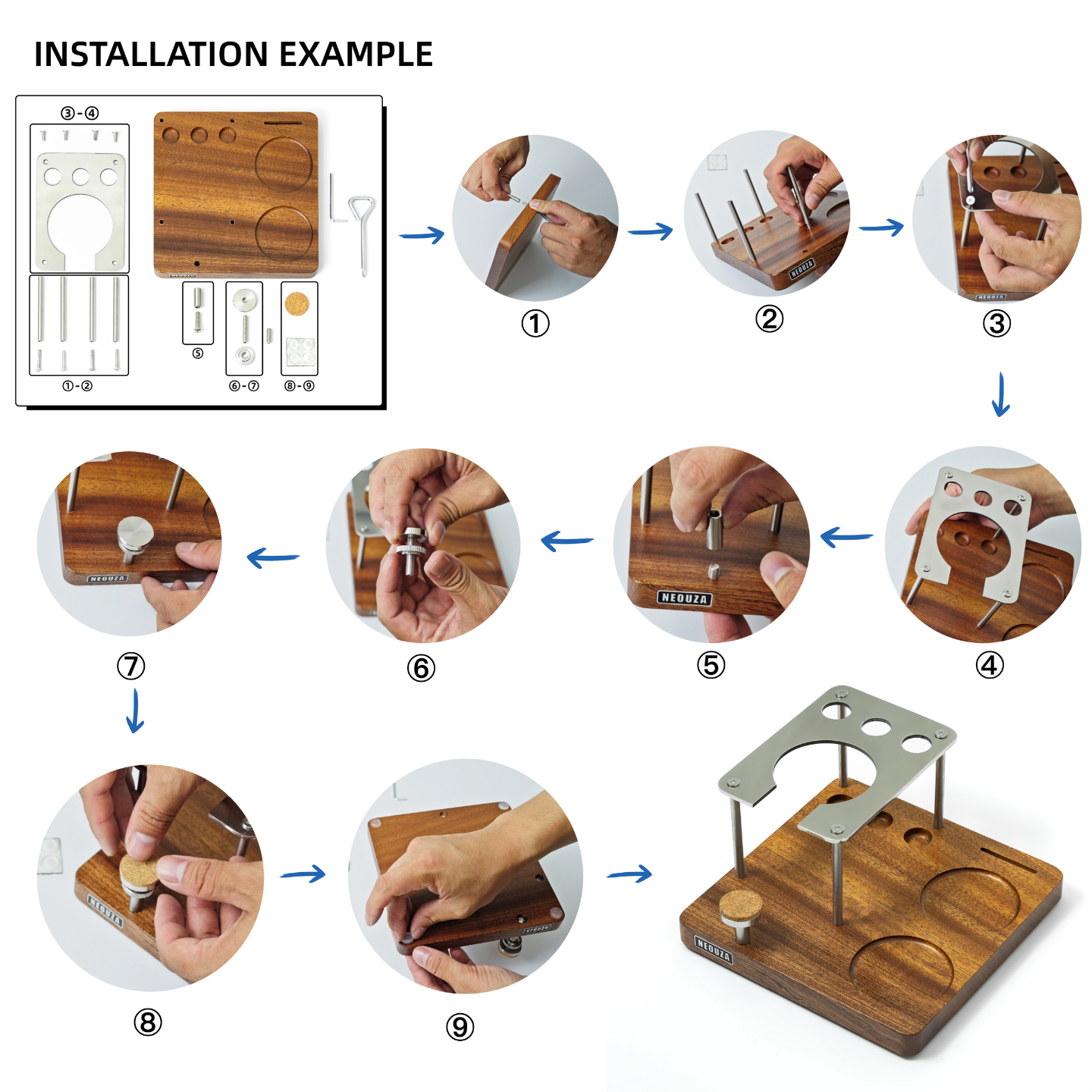 NEOUZA espresso tamper stand and distributor storage station, suitable for 51/53/58mm tampers and distributors, metal storage stand, handle holder, tamping mat