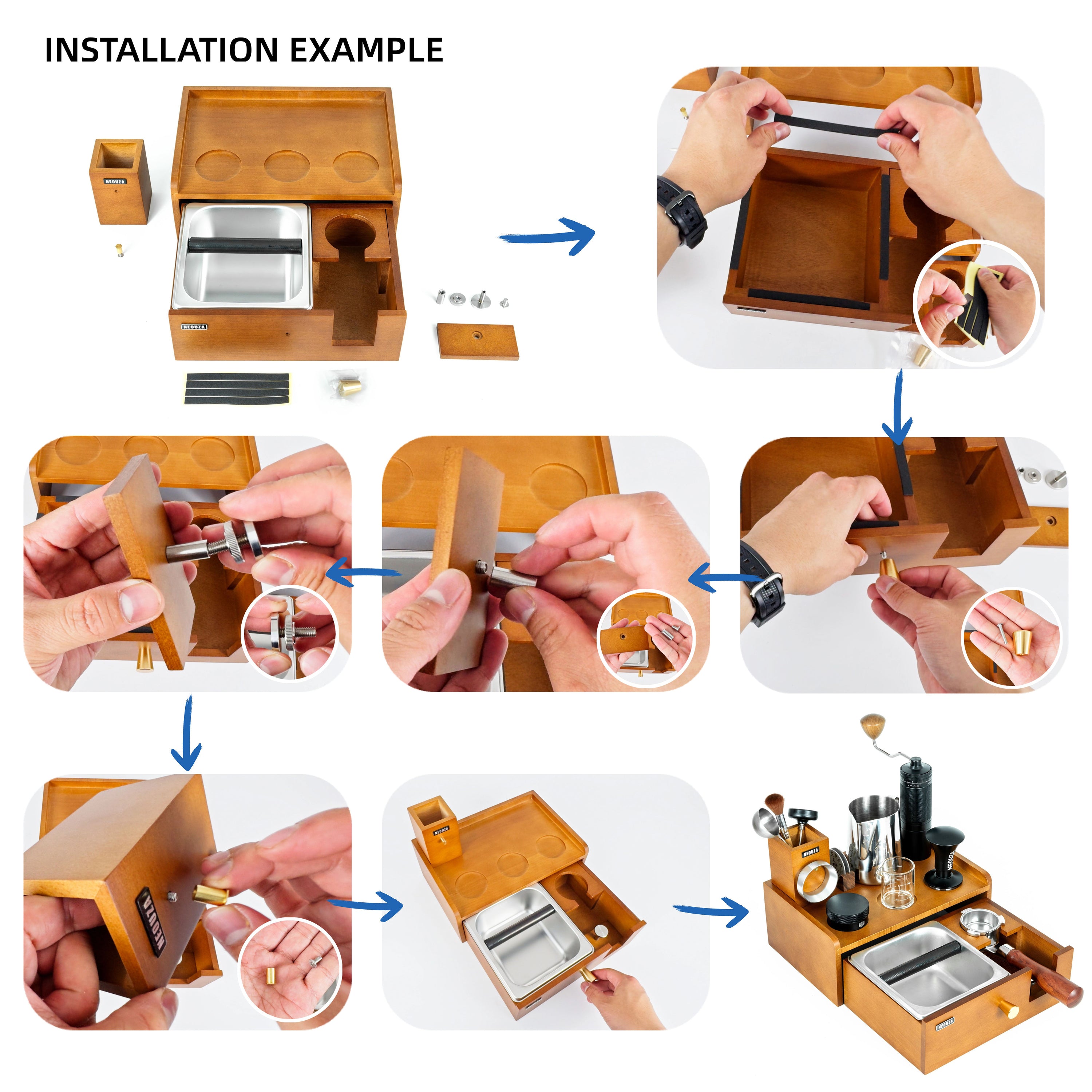 NEOUZA Multi-Functional Barista Station | Built-in Knock Box & Tamper Stand, Detachable Drawer, Beechwood Stainless Steel Organizer for 51/54/58mm Portafilters