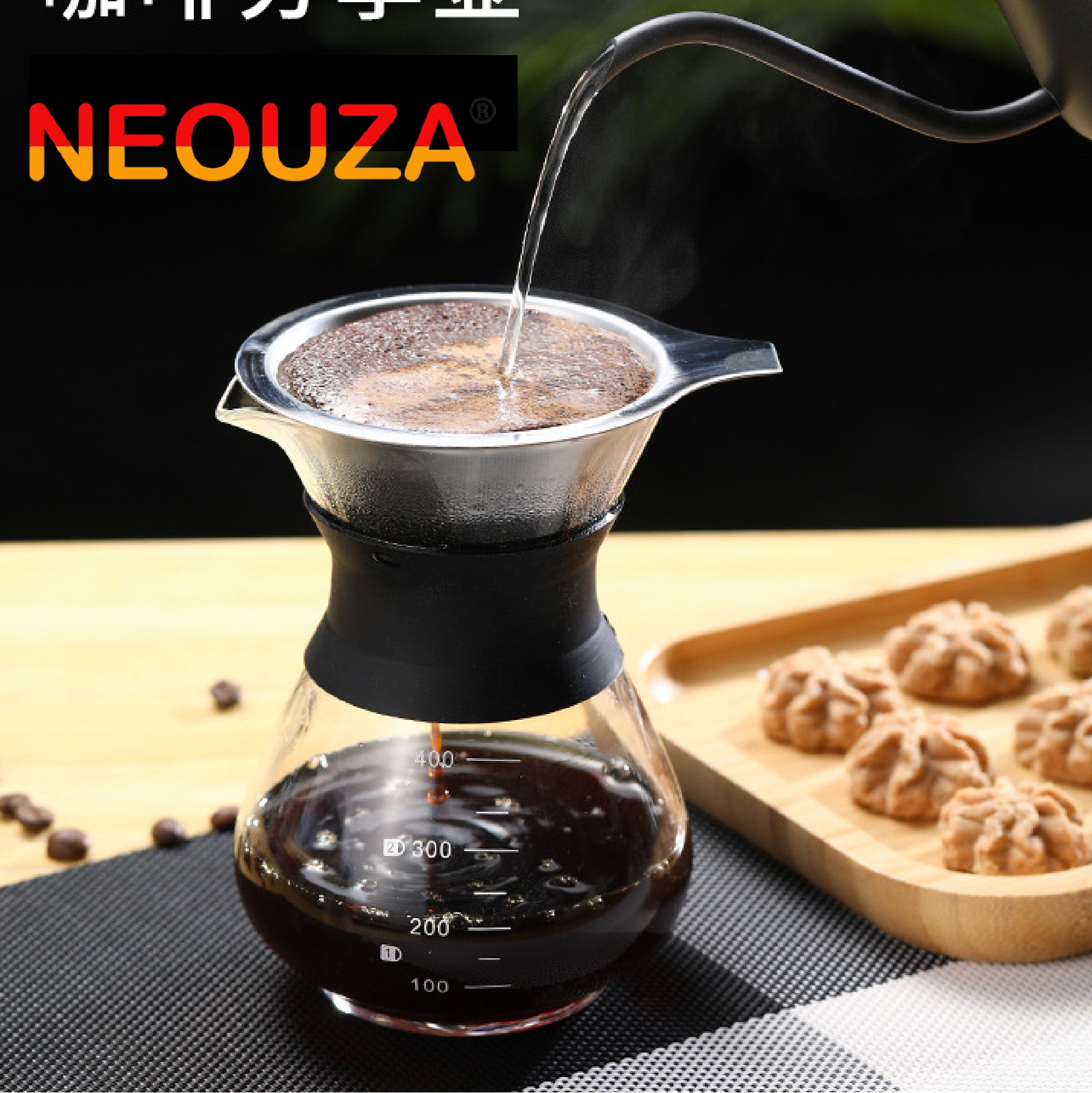 NEOUZA Pour Over Coffee Maker Set with Reusable Stainless Steel Drip Filter, ,400ml