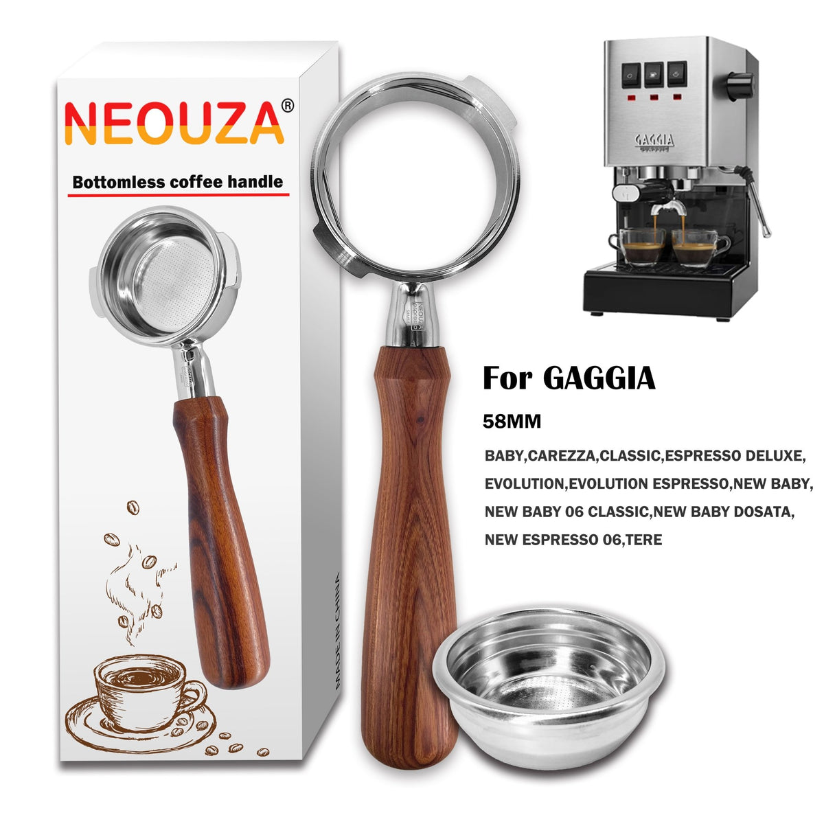 NEOUZA 58mm Bottomless Portafilter Set for Espresso Coffee Machine Compatible with GAGGIA Classic Pro 304 Stainless Steel Two Ears - NEOUZA Official Website