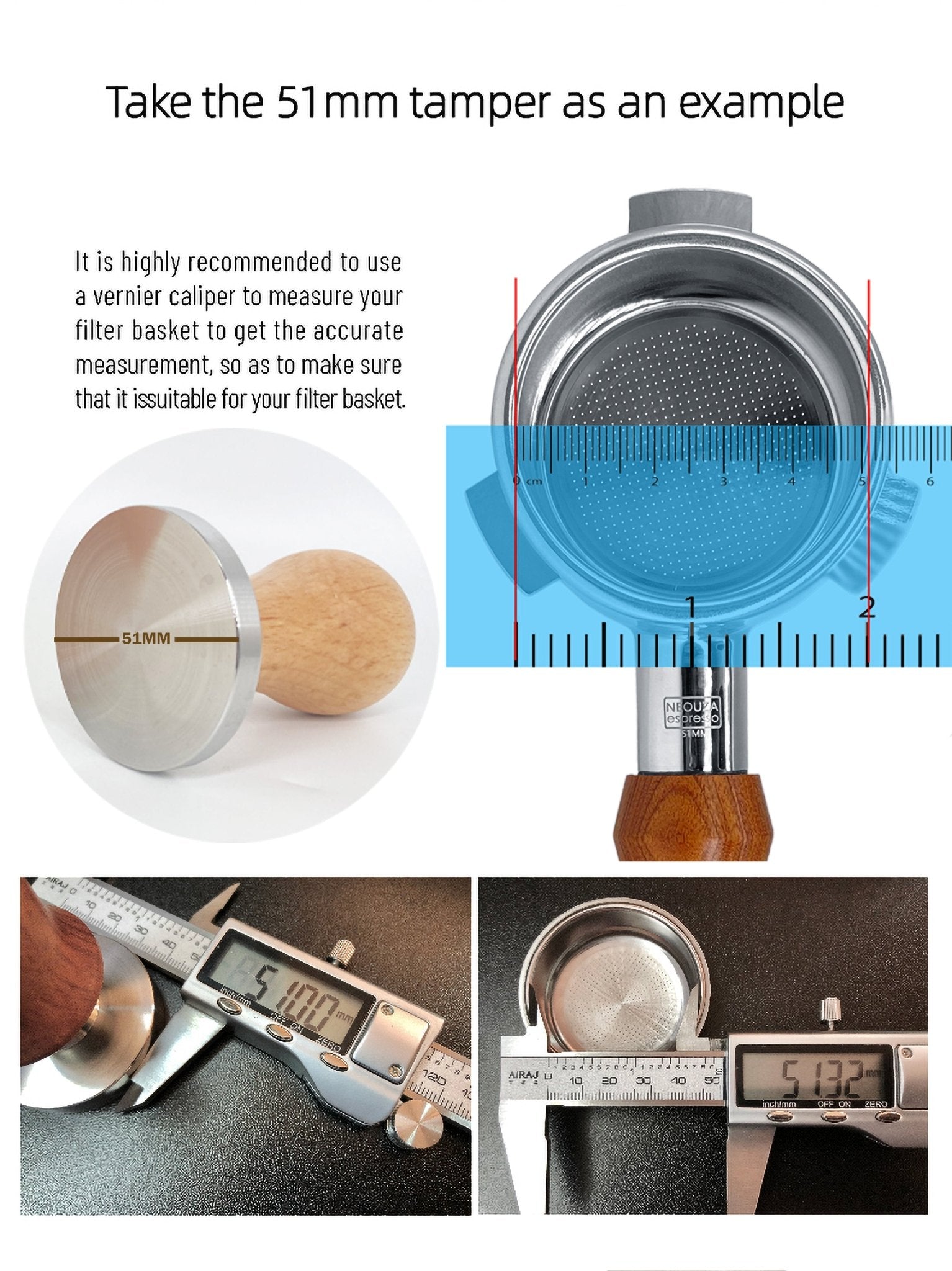 NEOUZA Coffee Machine Tamper 51mm 53mm 58mm Barista Powder Bean Press Wooden Handle Stainless Steel Flat Base,Fit for Espresso Filter Basket Portafilter - NEOUZA Official Website