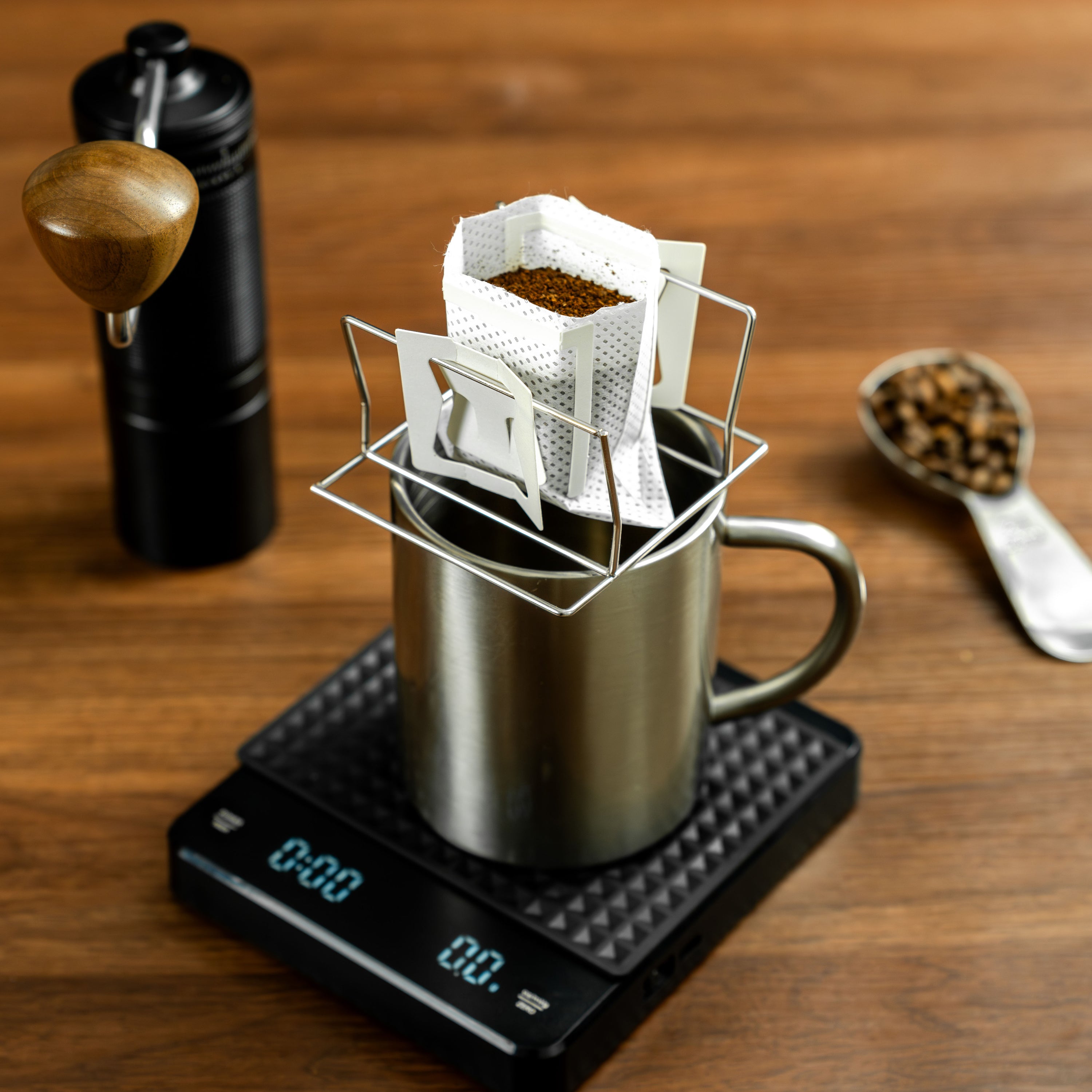NEOUZA Bamboo & Stainless Steel Coffee Drip Filter Bag  Holder, 2-in-1 Drip Bag Holder & Pour-Over Dripper, Compact for Travel Home Brewing  Multifunctional Coffee Stand