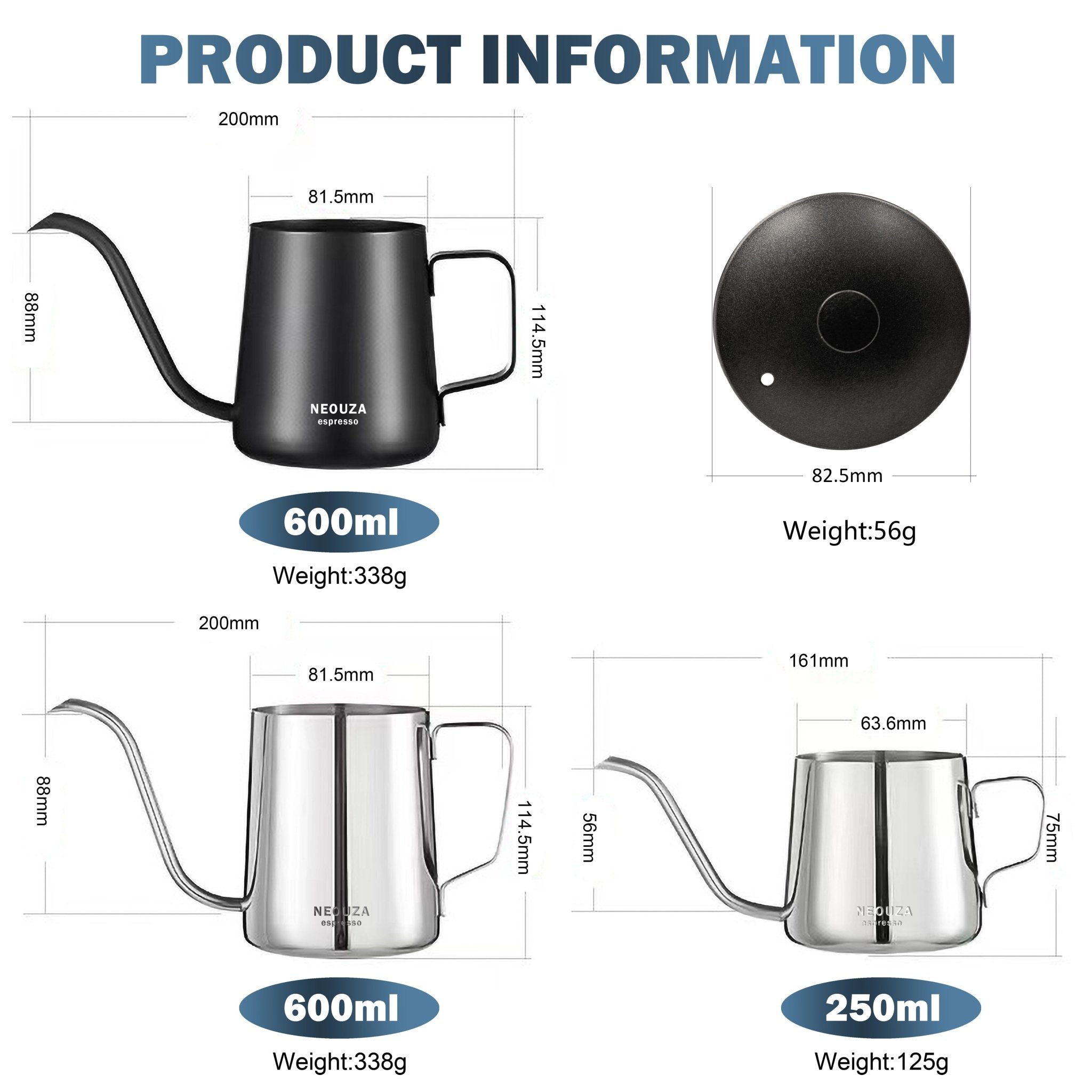 NEOUZA Pour Over Coffee Kettle, Gooseneck Kettle，Drip Coffee Maker Kettle ,Black Teflon,Stainless Steel 600ml/250ml - NEOUZA Official Website