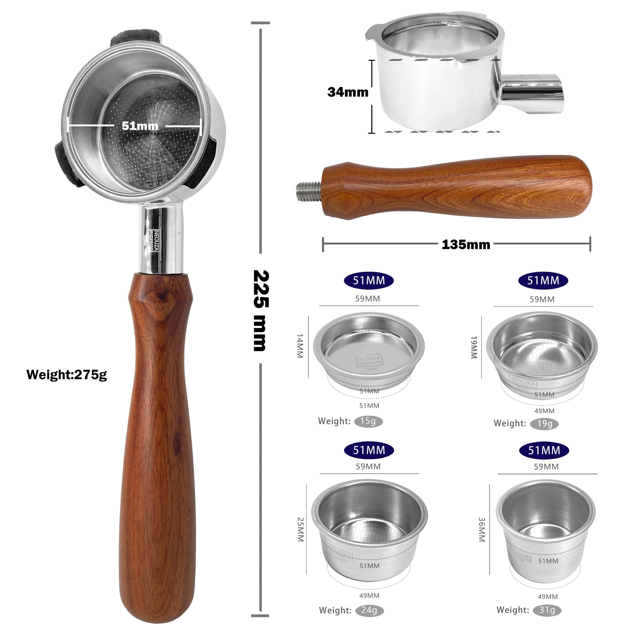 NEOUZA Coffee 51mm Bottomless Portafilter for Yabano Donlim Oster Nova PrimaLatte Baumann Giselle Petrus KCB Duchess Gevi Espresso Machine, No Base Filter Holder, Wooden Coffee Handle - NEOUZA Official Website