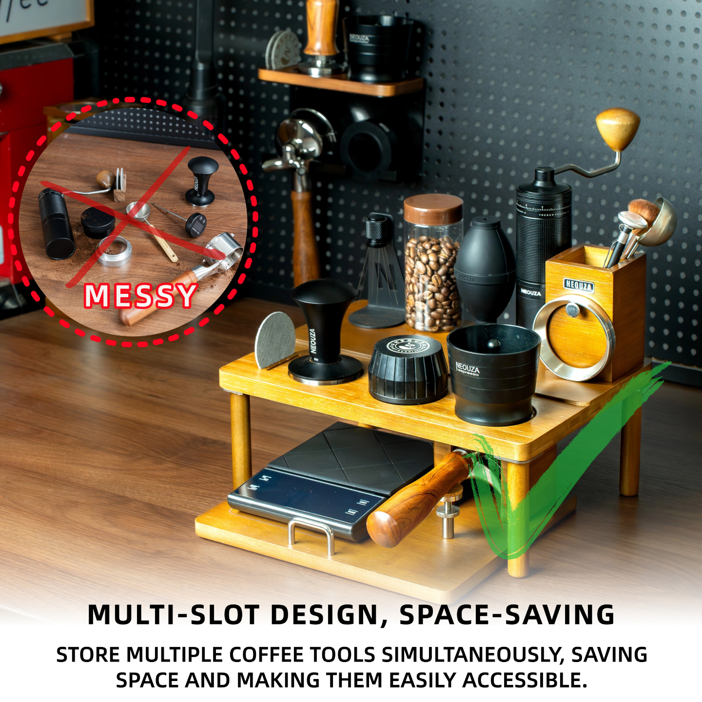 NEOUZA Coffee Double-Layer Tamper Rack Storage Box Multifunctional Solid Wood Adjustable Tamper