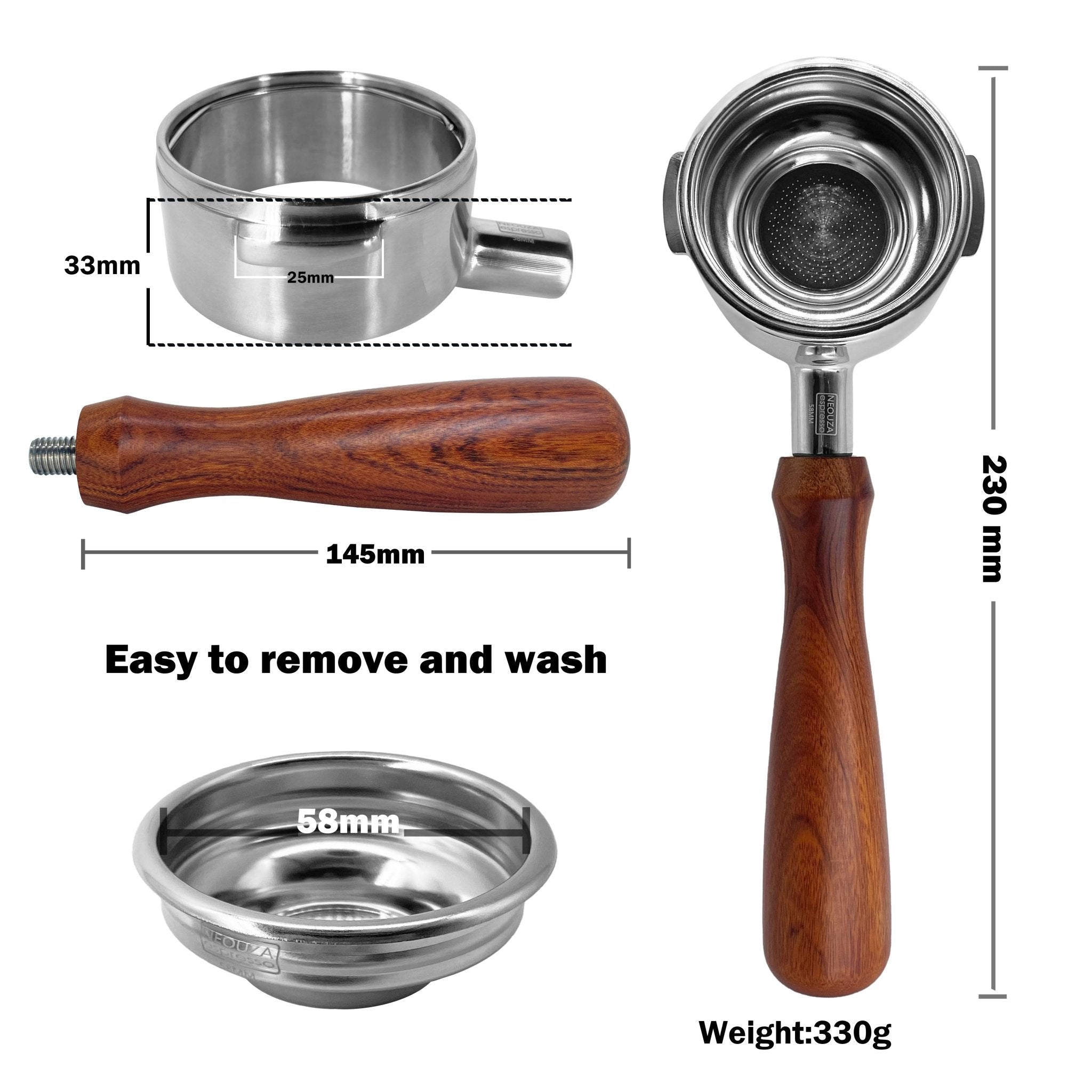NEOUZA 58mm Bottomless Portafilter for WPM Welhome Espresso Coffee Machine，304 Stainless Steel Two Ears with Filter Basket (58mm WPM) - NEOUZA Official Website