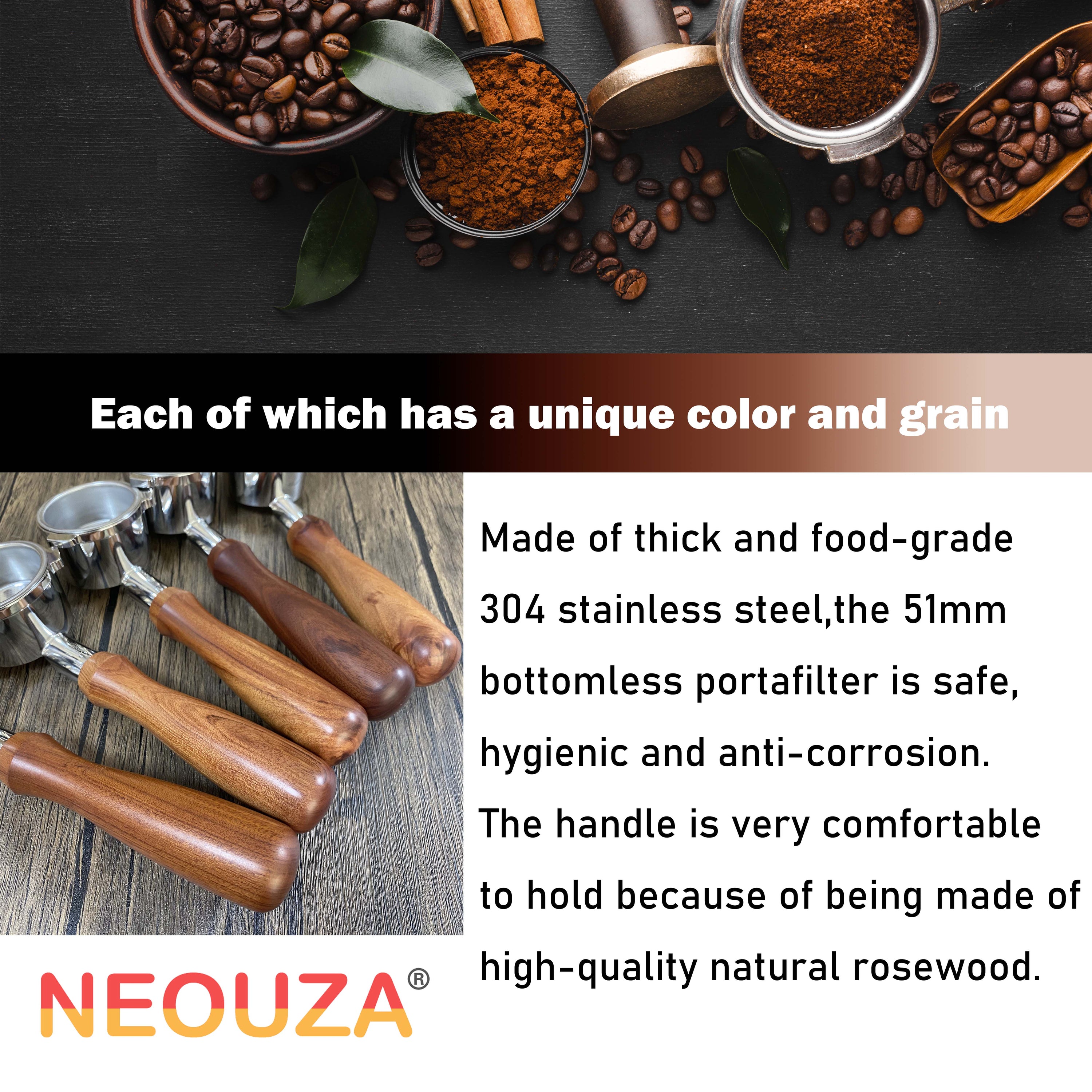 NEOUZA Coffee 51mm Bottomless Portafilter Compatible for De‘Longhi Icona ECP ECOV311 ECP31.21 ECP33.21 ECP35.31 Espresso Machine, No Base Filter Holder, Wooden Coffee Handle, Fillter Basket (2 Ear)