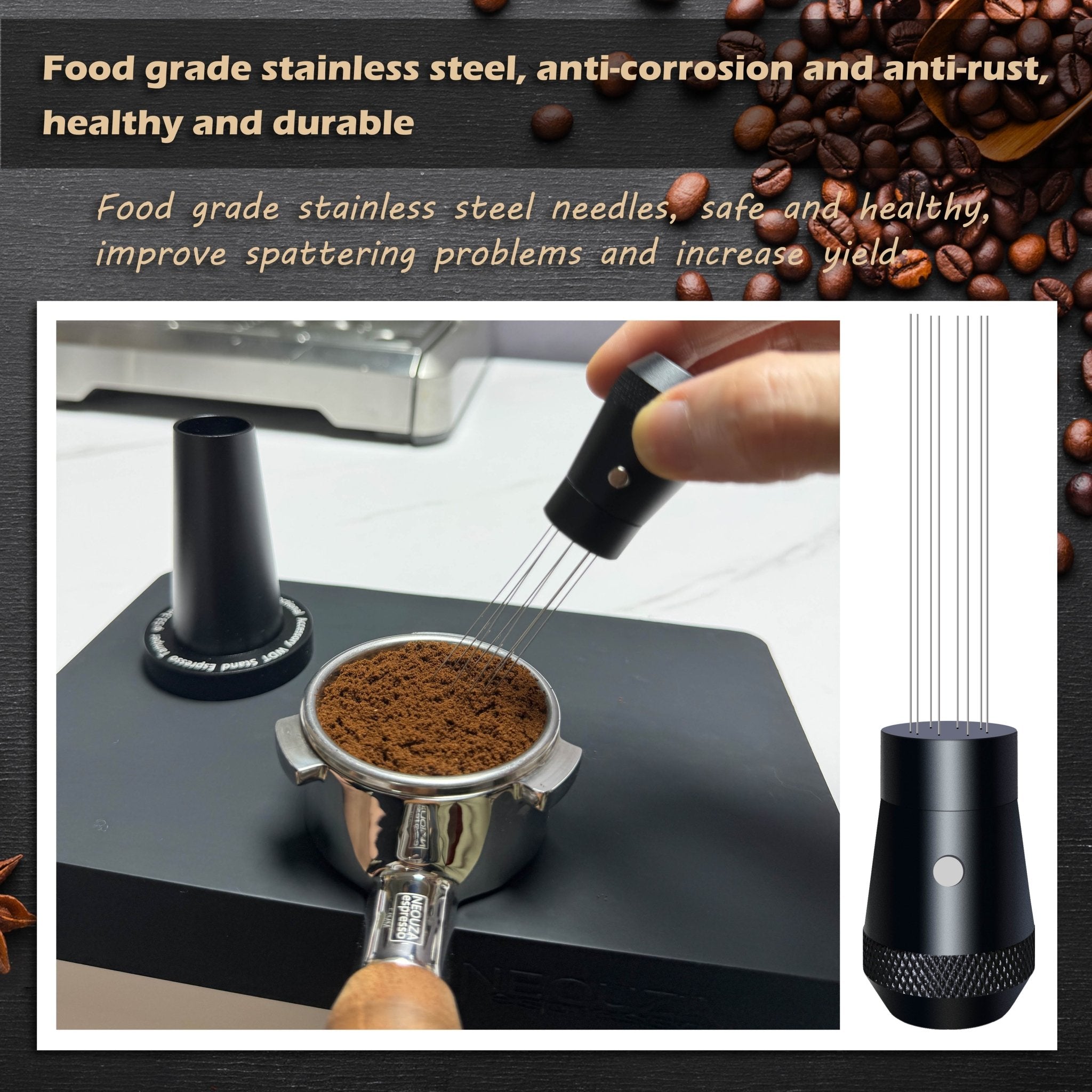 NEOUZA Coffee WDT Tamper Aluminum Multifunctional Espresso Accessories, Built-in Magnet, 0.4mm 8 Stainless Needles, WDT Holder with Ripple Base - NEOUZA Official Website