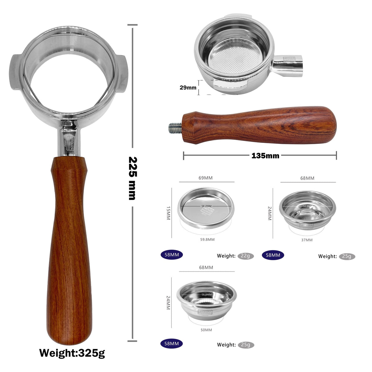NEOUZA 58mm Bottomless Portafilter for La Mazocco Machine, 304 Stainless Steel - NEOUZA Official Website