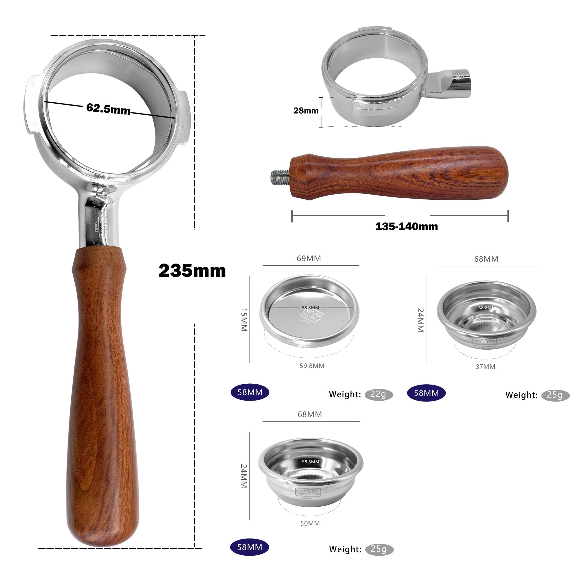 58mm Bottomless Portafilter for Espresso Coffee Machine Compatible with E61 coffee maker：Gemilai, Milesto, Expobar, Pancilio Silva, Rocket, Ascaso, Sanremo, Faema, La Cimbali, Ottima, Casadio, Royal, Wega - NEOUZA Official Website