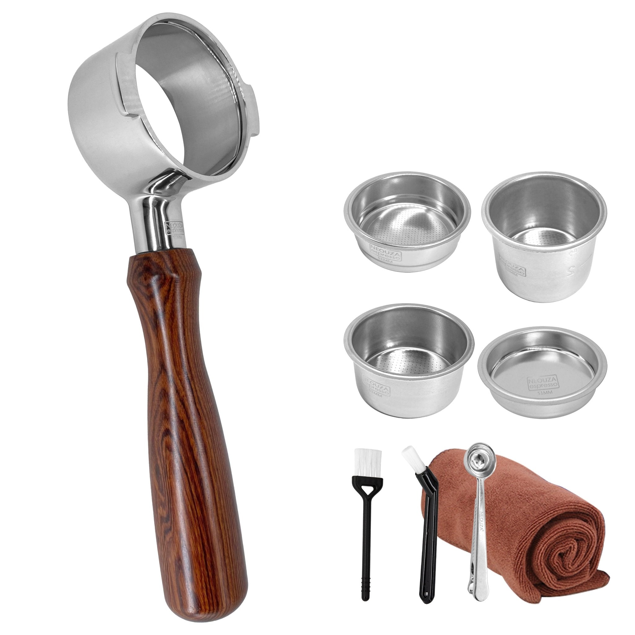 NEOUZA 51mm Bottomless Portafilter for De'Longhi ECP & Icona Series, Wooden Handle, 2-Ear Design with Filter Basket - NEOUZA Official Website