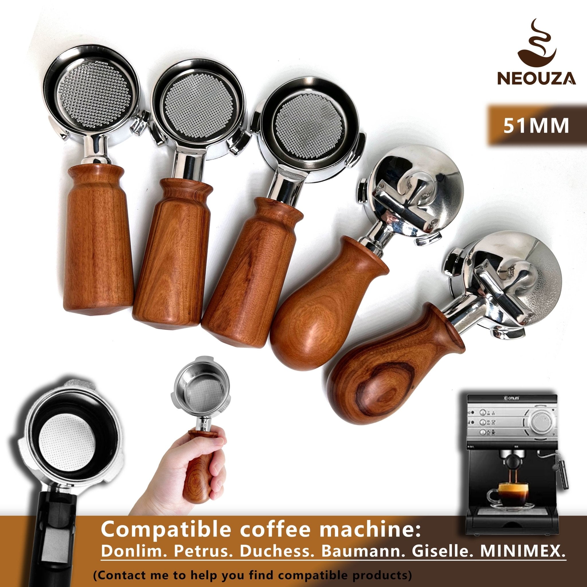 NEOUZA 51mm Portafilter for Donlim,Duchess,Petrus,Baumann,Giselle Coffee Machines with Stainless Steel Replacement Filter Basket Wooden Handle - NEOUZA Official Website