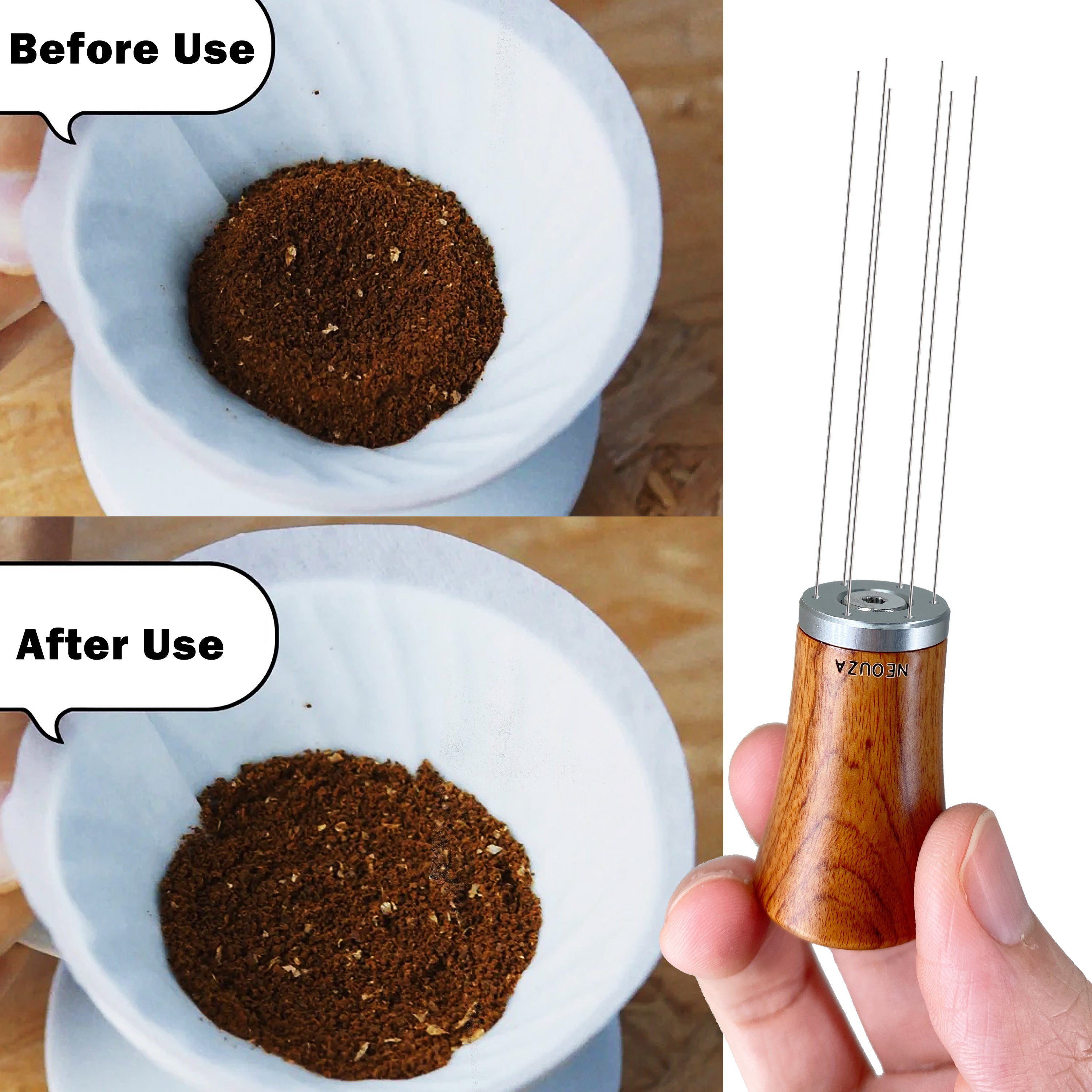 NEOUZA Coffee WDT Distribution Tool Accessories, Wooden Handle, 0.4mm 6 Stainless Needles, Espresso Powder Stirrer