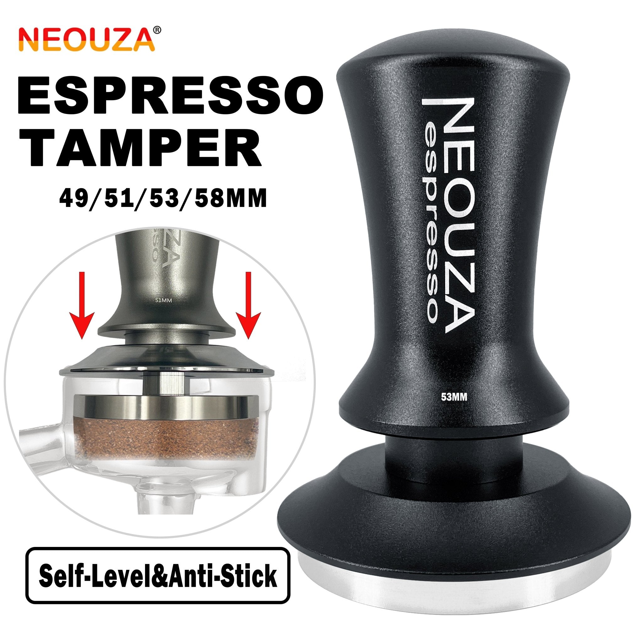 NEOUZA Coffee Tamper Spring Loaded Self-Leveling for Espresso Machine, 304 Stainless Steel Anti-Stick Base, Aluminium Handle - NEOUZA Official Website
