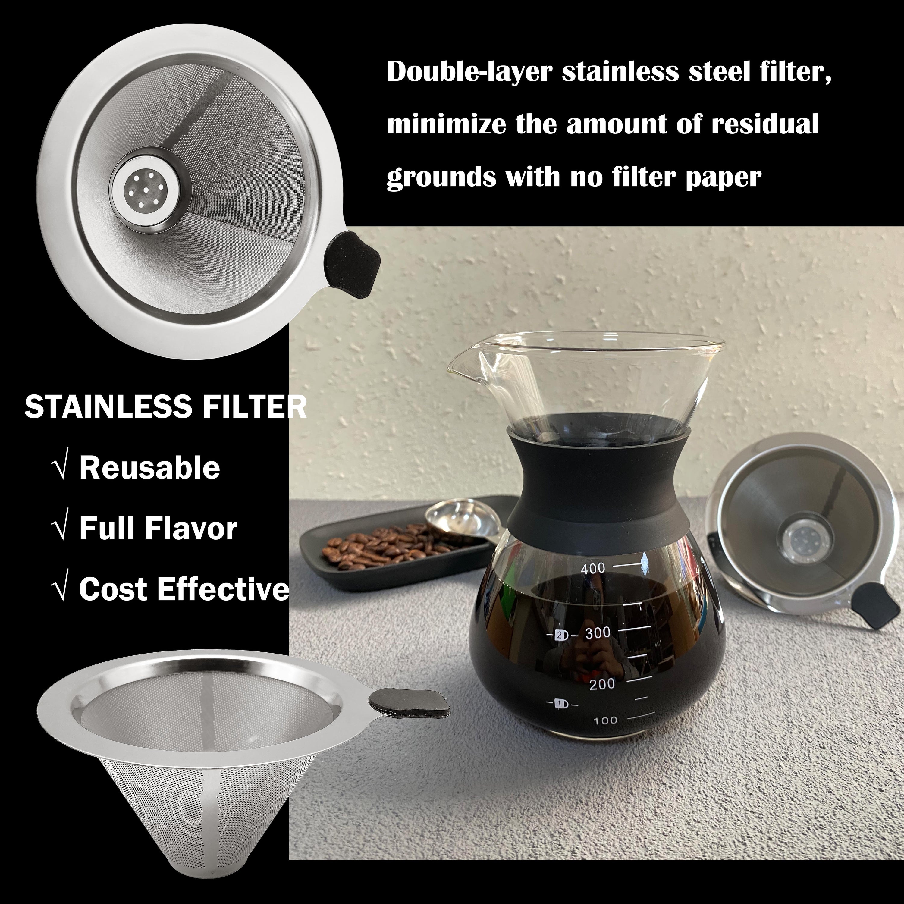 NEOUZA Pour Over Coffee Maker Set with Reusable Stainless Steel Drip Filter, ,400ml