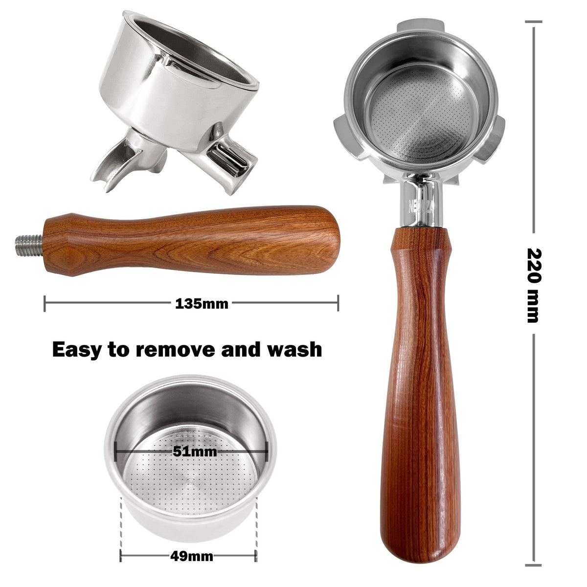 NEOUZA 54mm Portafilter for Breville Barista Express, Touch, Pro, BES880, BES878, BES875, BES870, BES840, BES810, BES500, Non-Pressurized Basket, Stainless Steel, Two Spouts - NEOUZA Official Website