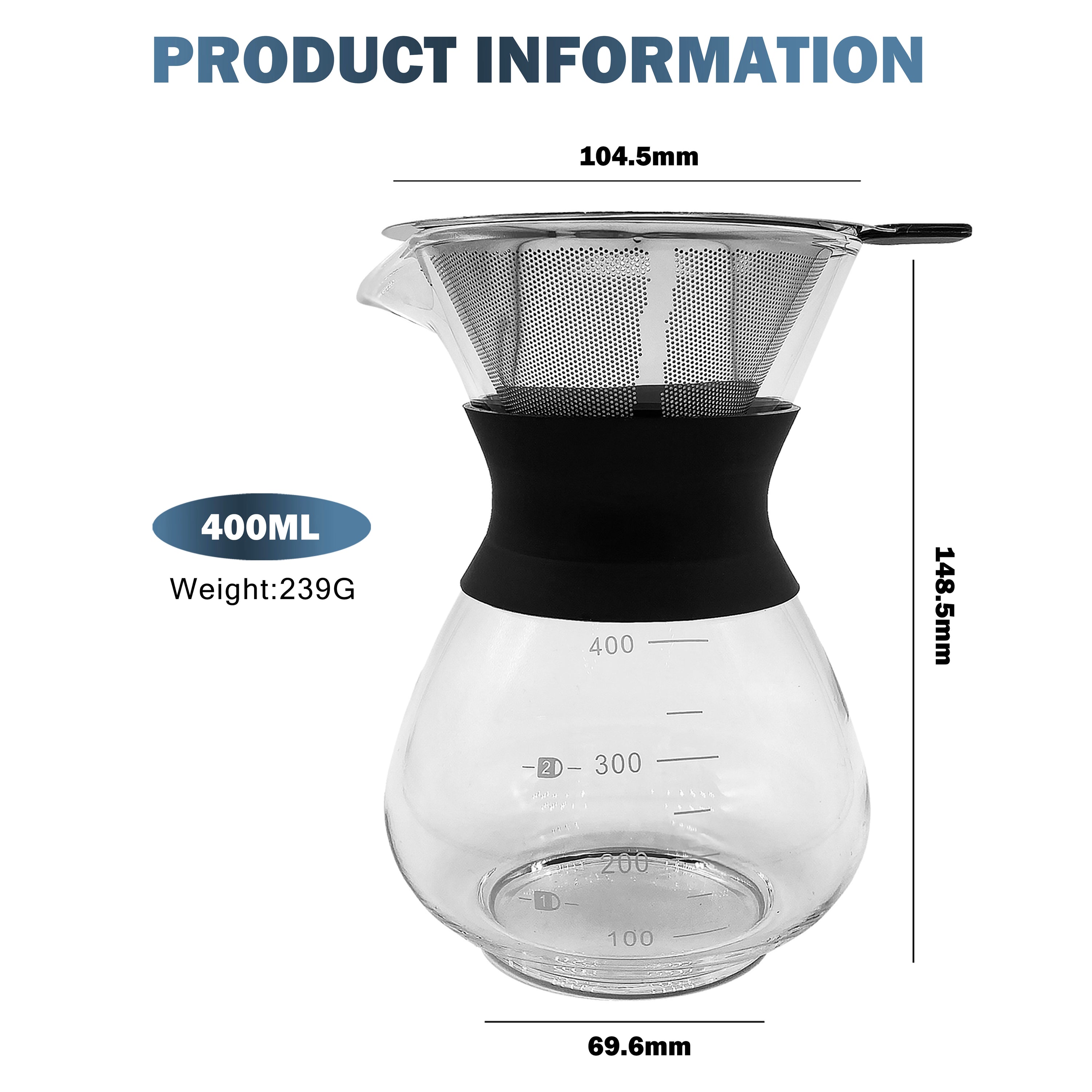 NEOUZA Pour Over Coffee Maker Set with Reusable Stainless Steel Drip Filter, ,400ml